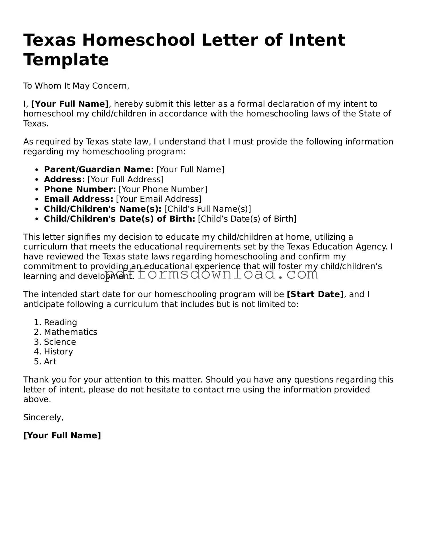 Printable Texas Homeschool Letter of Intent Form