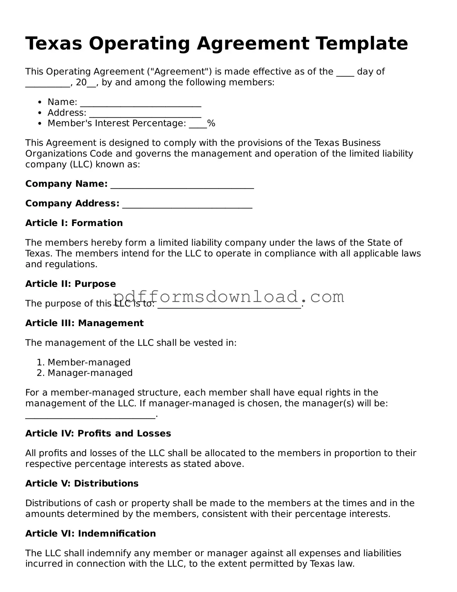Printable Texas Operating Agreement Form
