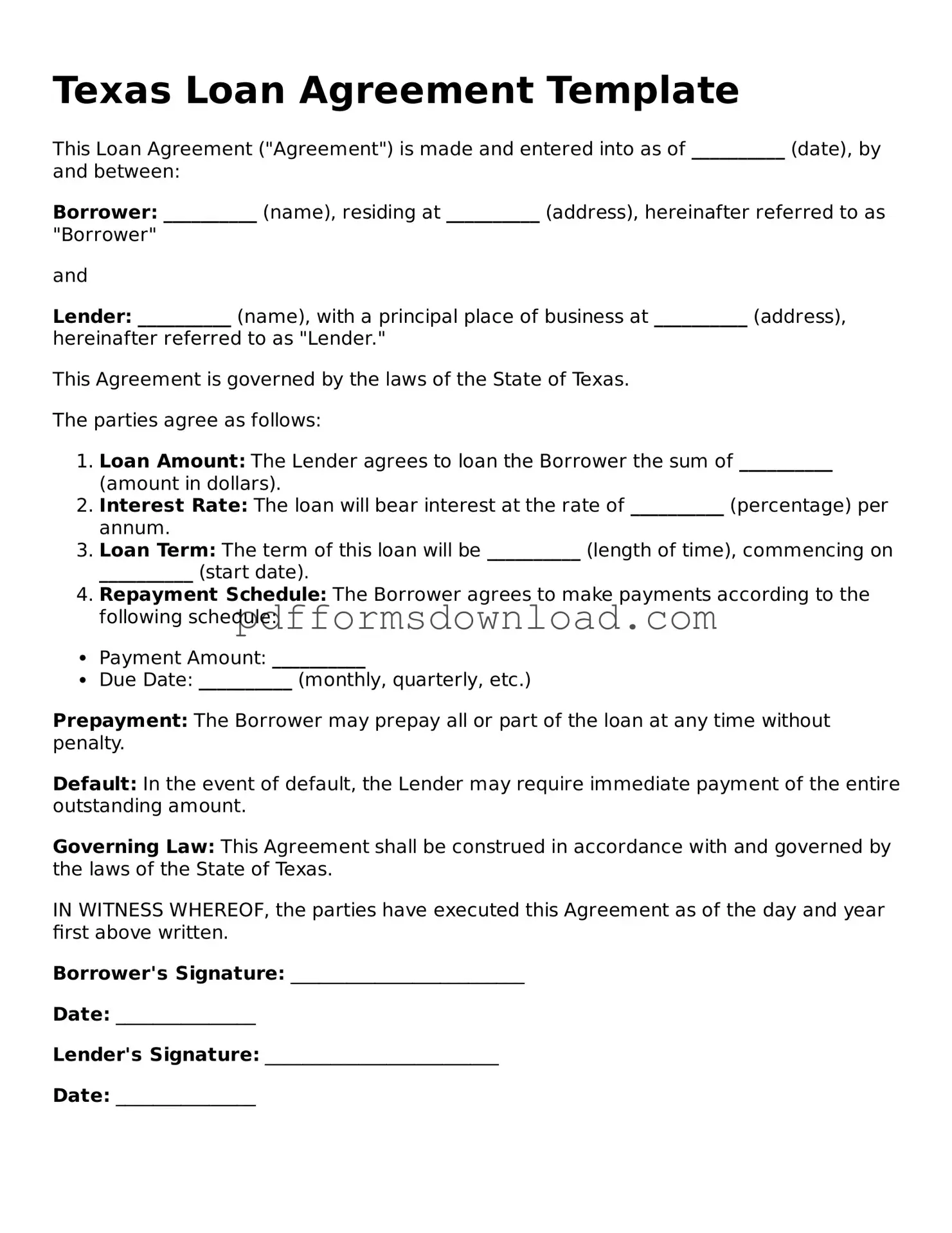 Printable Texas Loan Agreement Form