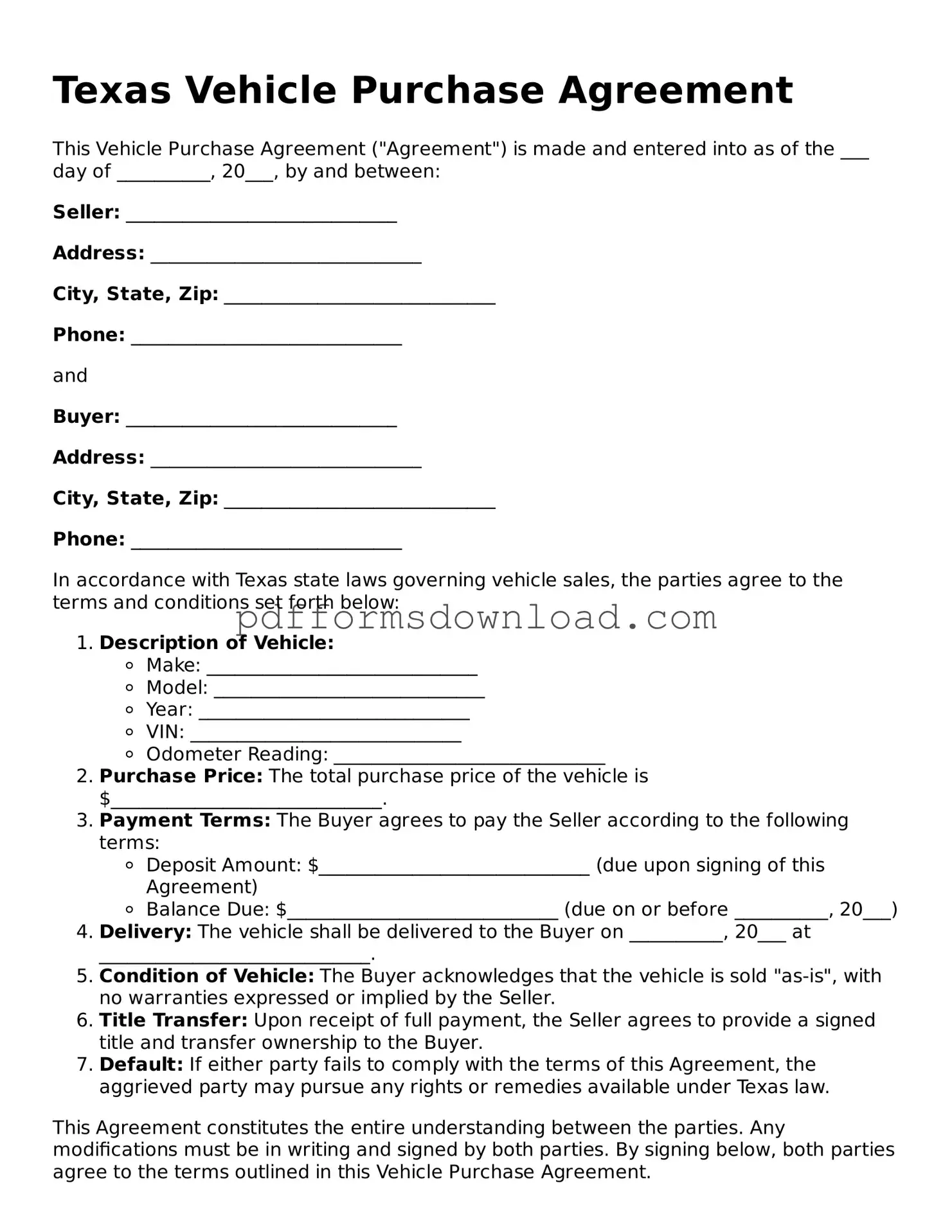 Printable Texas Vehicle Purchase Agreement Form