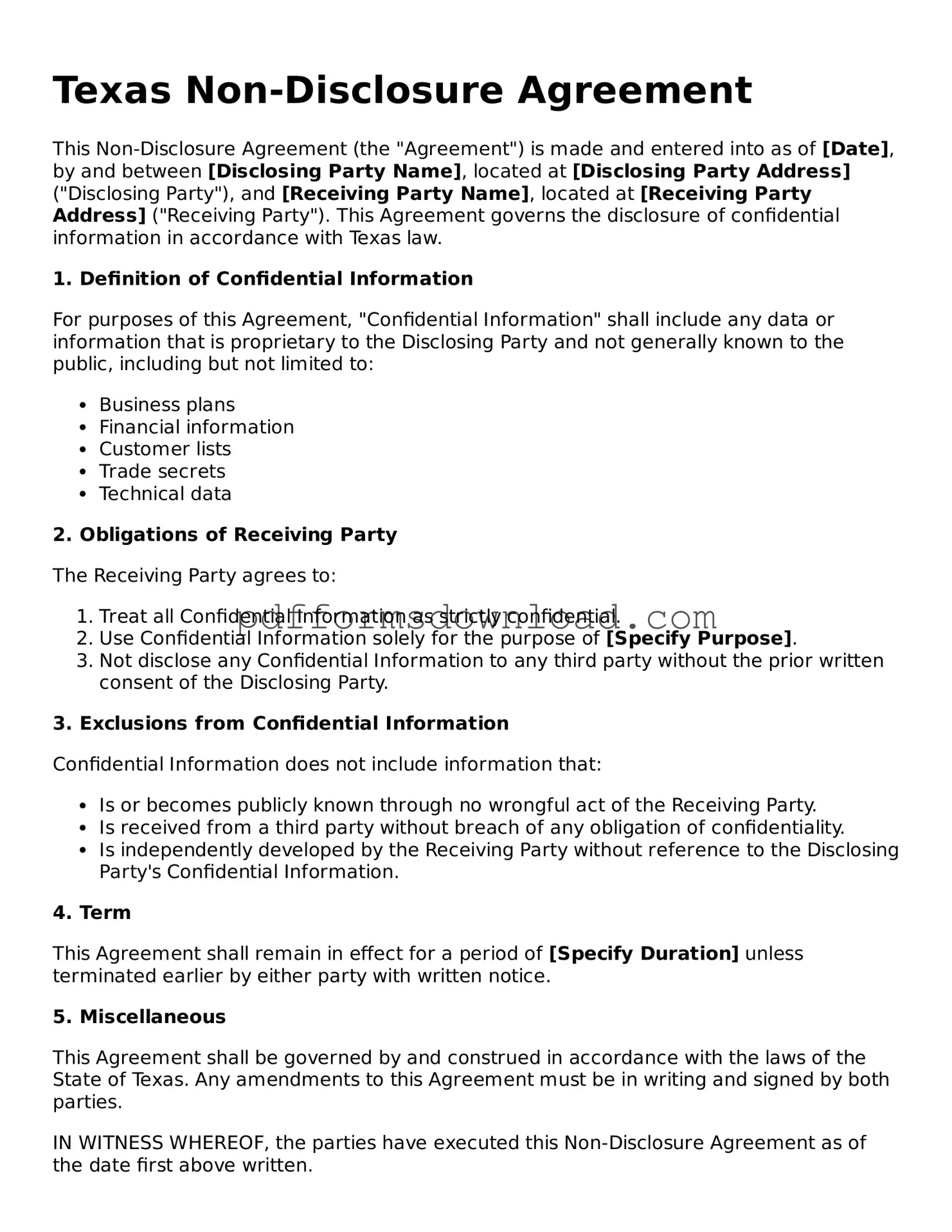 Printable Texas Non-disclosure Agreement Form