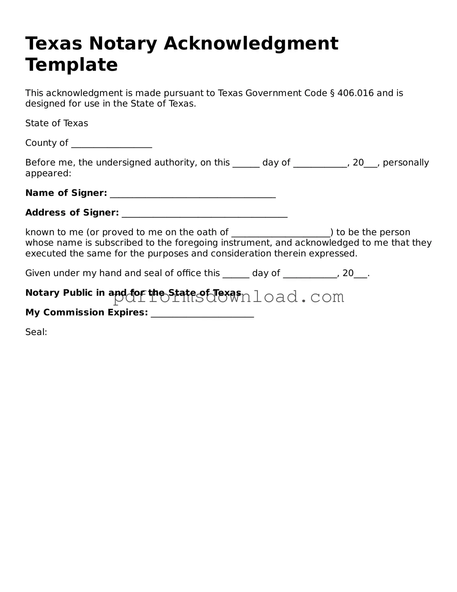 Printable Texas Notary Acknowledgement Form