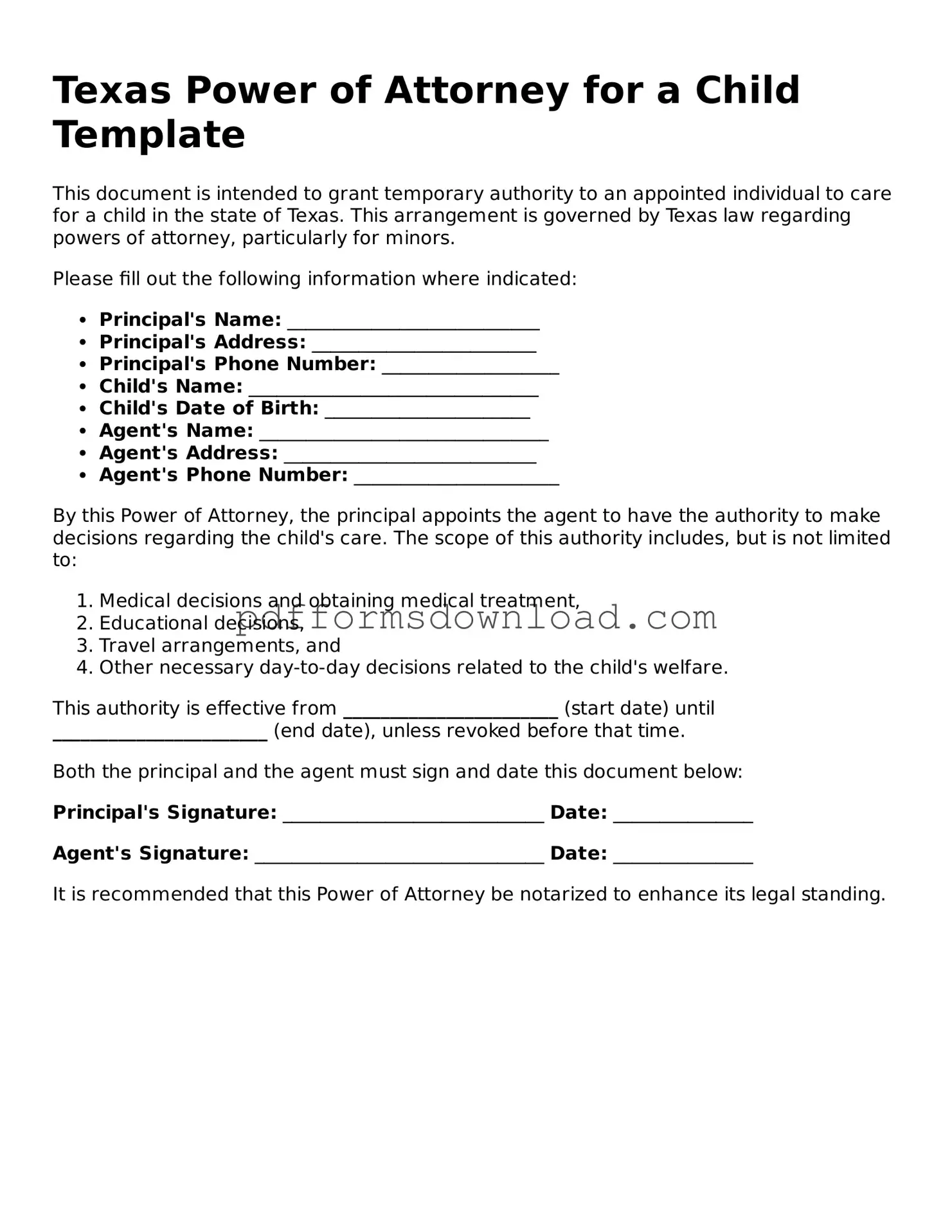 Printable Texas Power of Attorney for a Child Form