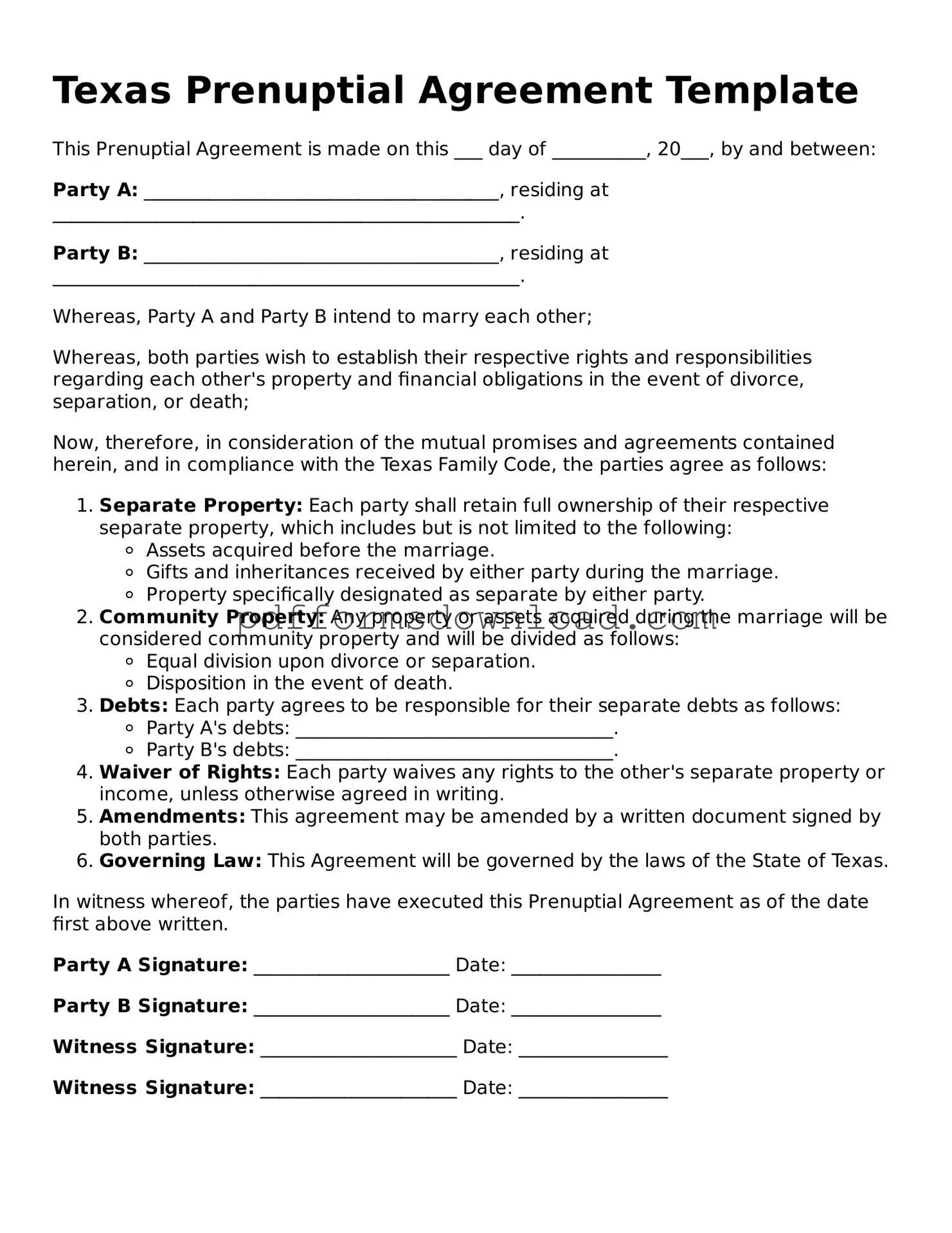 Printable Texas Prenuptial Agreement Form