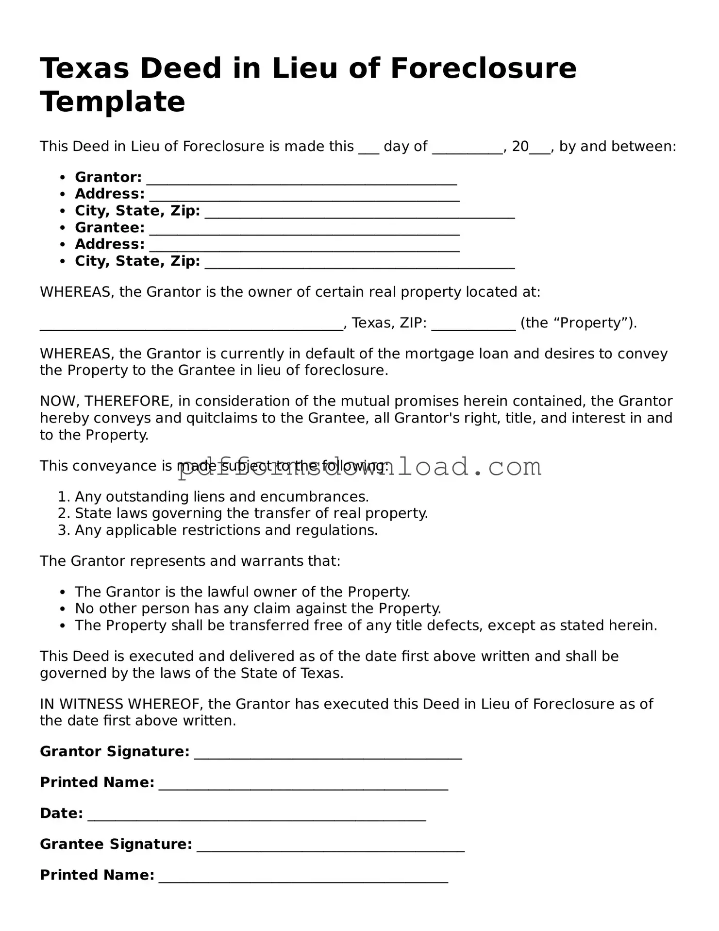 Printable Texas Deed in Lieu of Foreclosure Form