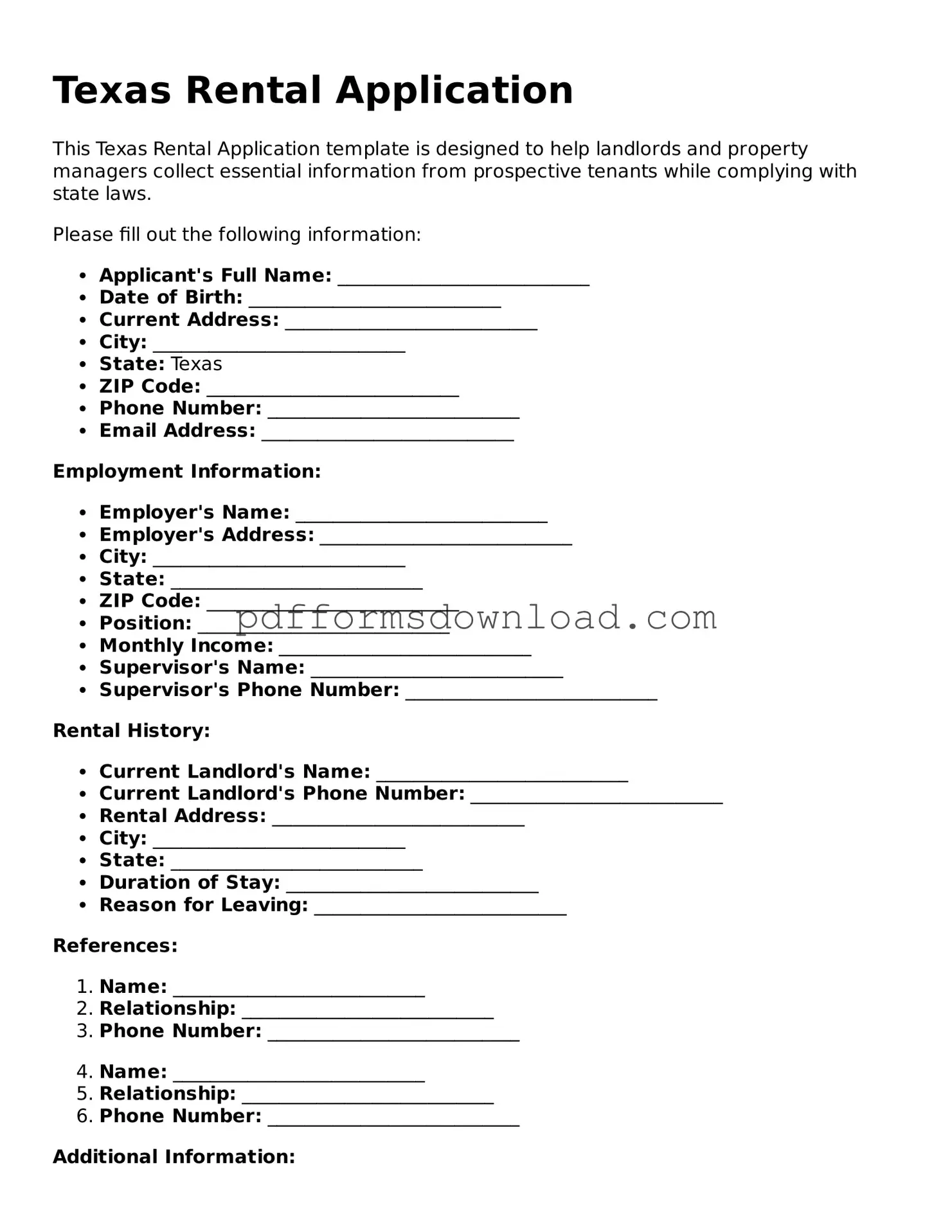 Printable Texas Rental Application Form