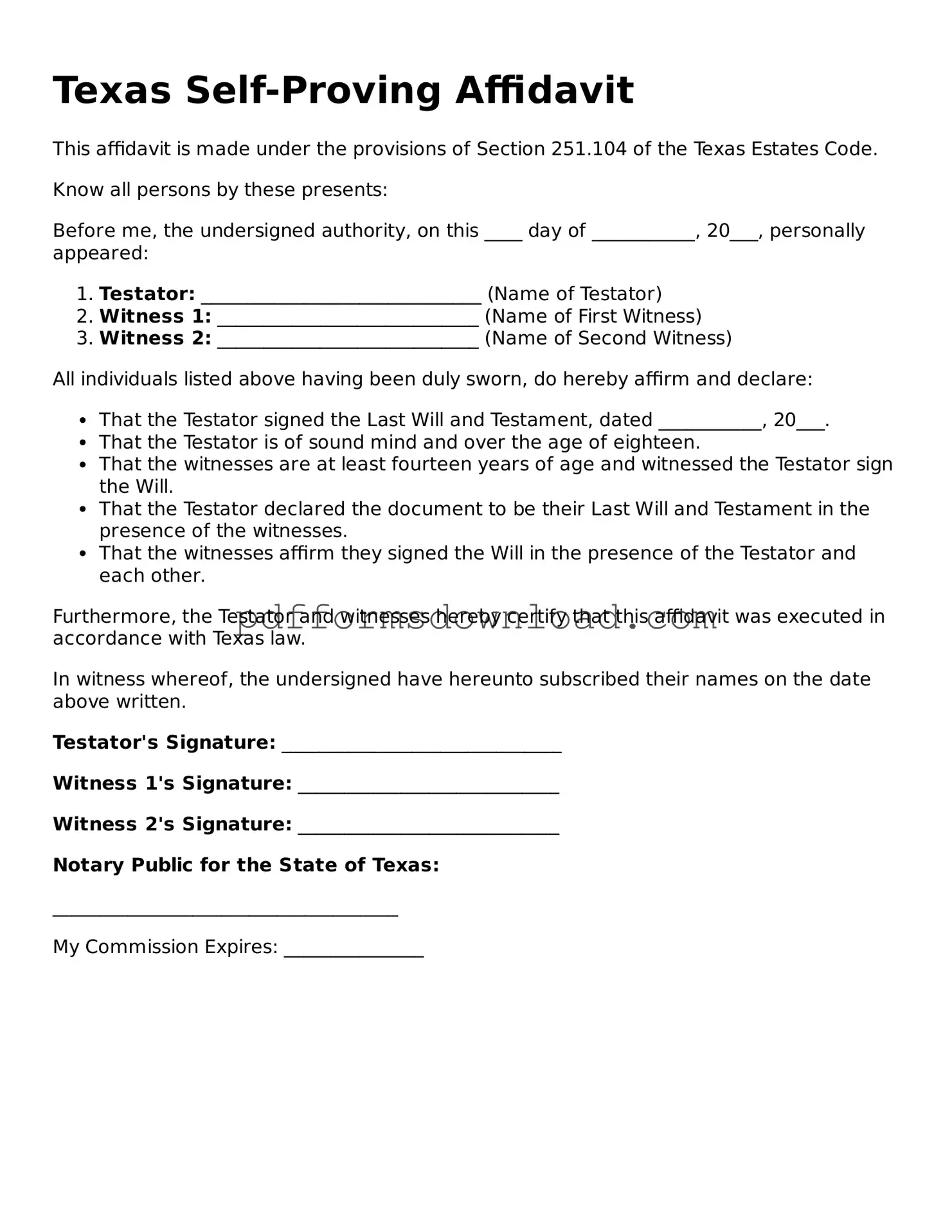 Printable Texas Self-Proving Affidavit Form