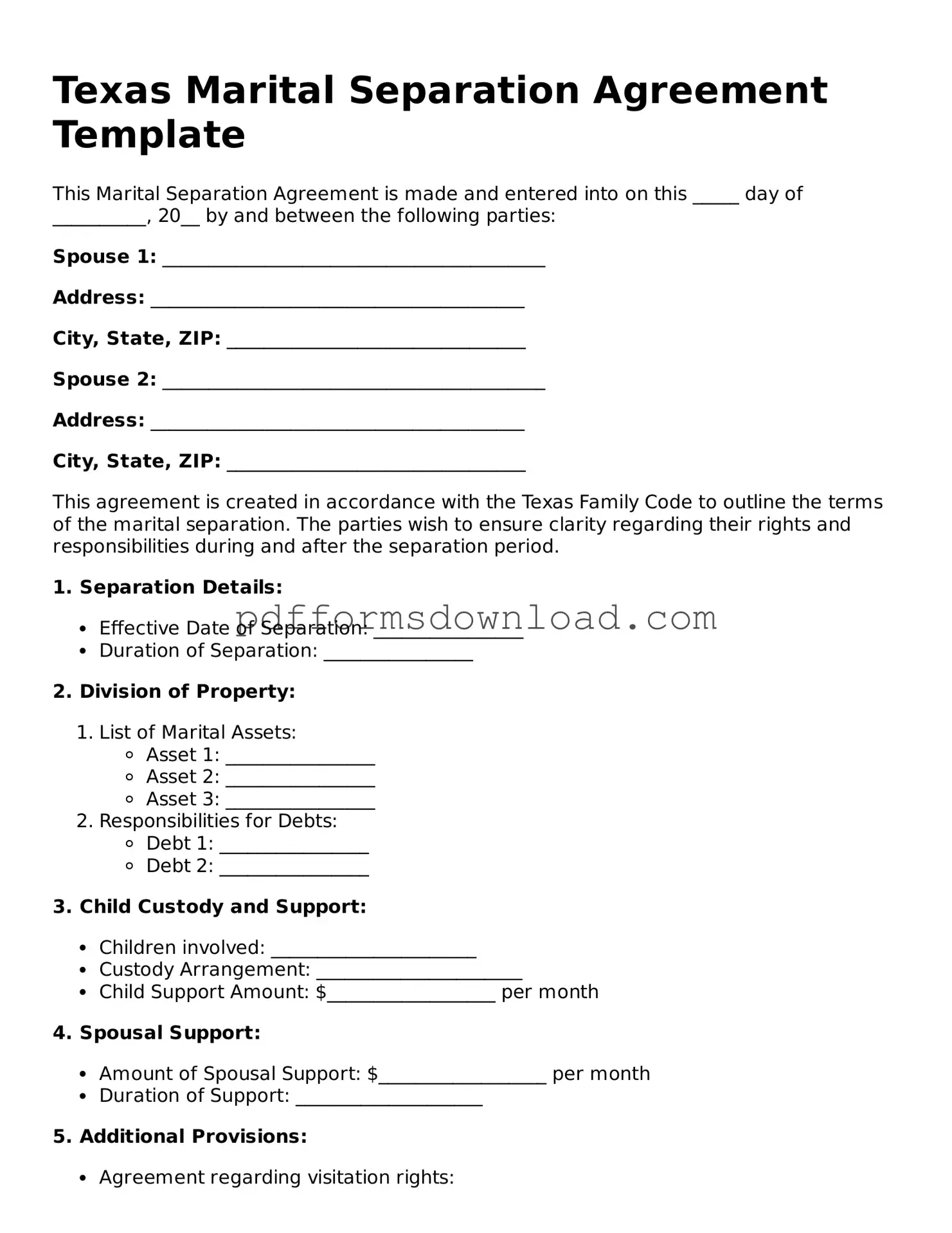 Printable Texas Marital Separation Agreement Form
