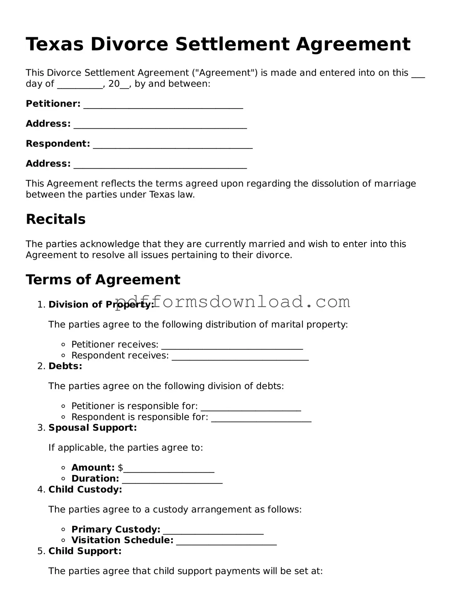 Printable Texas Divorce Settlement Agreement Form