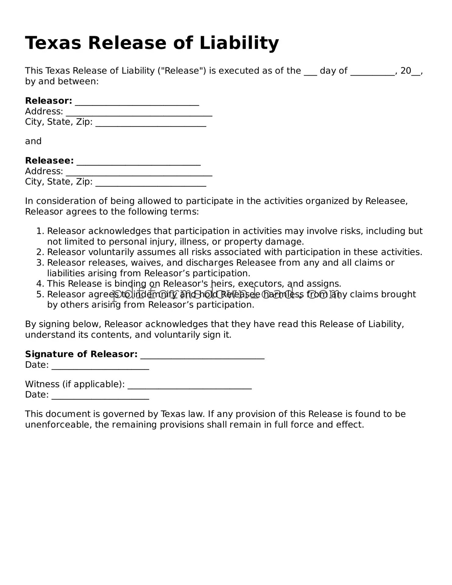 Printable Texas Release of Liability Form