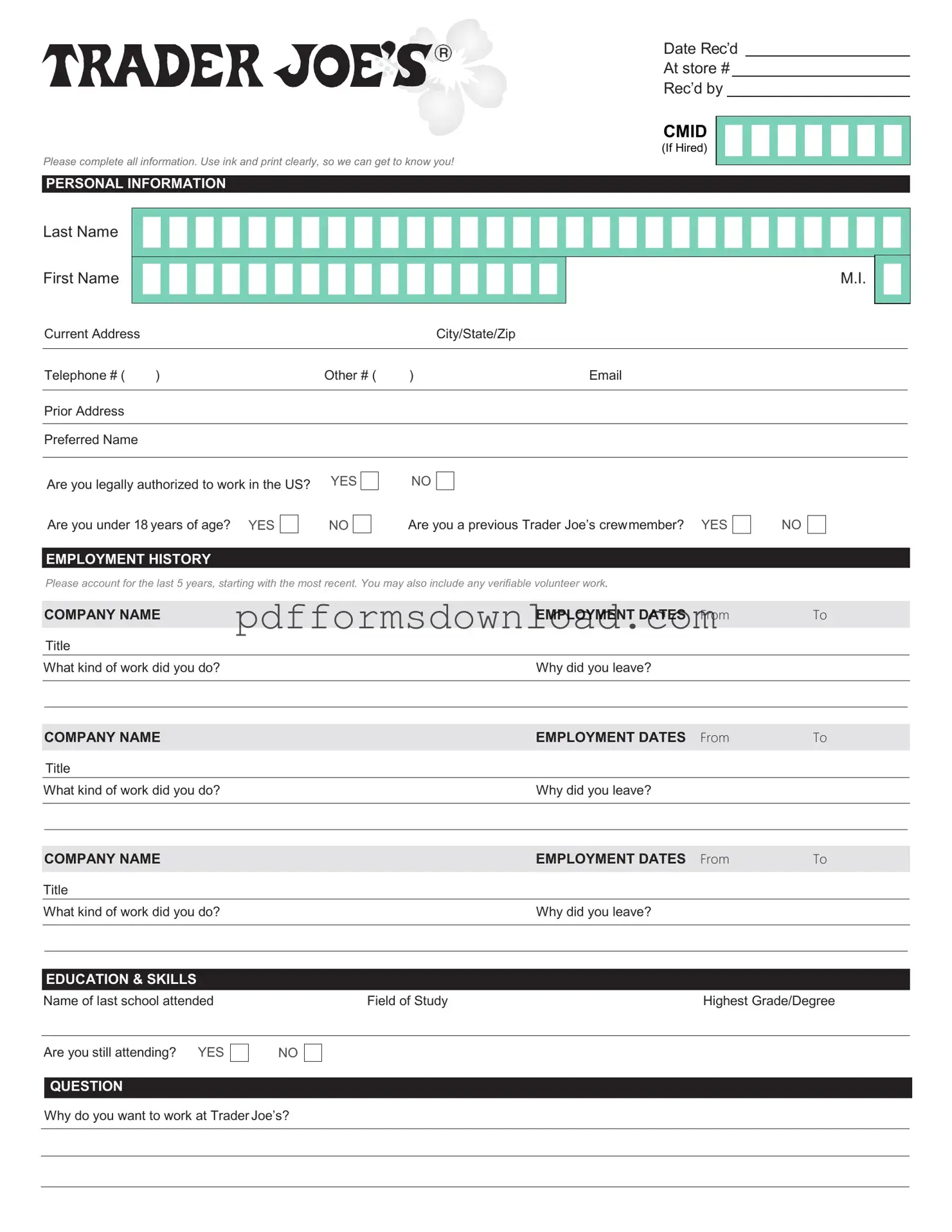 Download Trader Joe's application Template