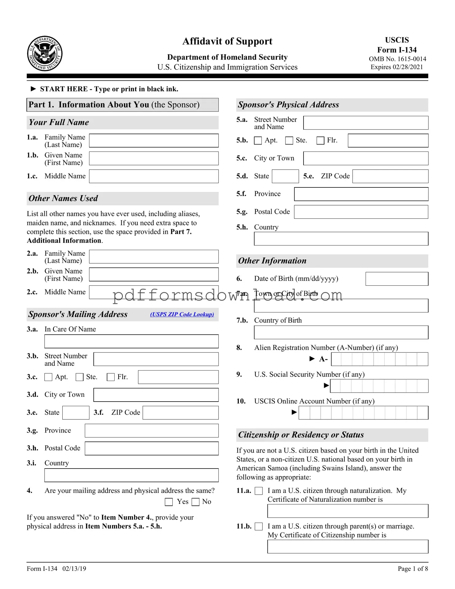 Download USCIS I-134 Template