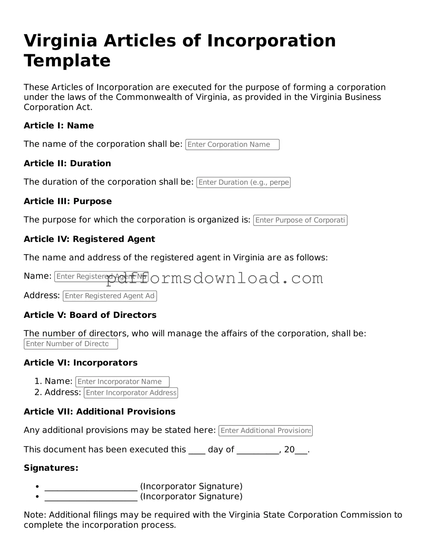 Printable Virginia Articles of Incorporation Form