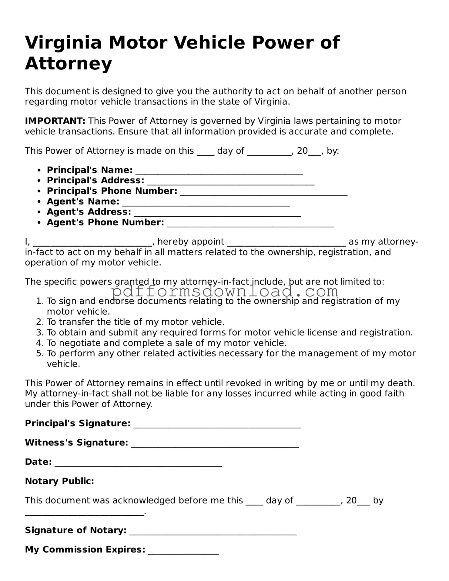 Printable Virginia Motor Vehicle Power of Attorney Form