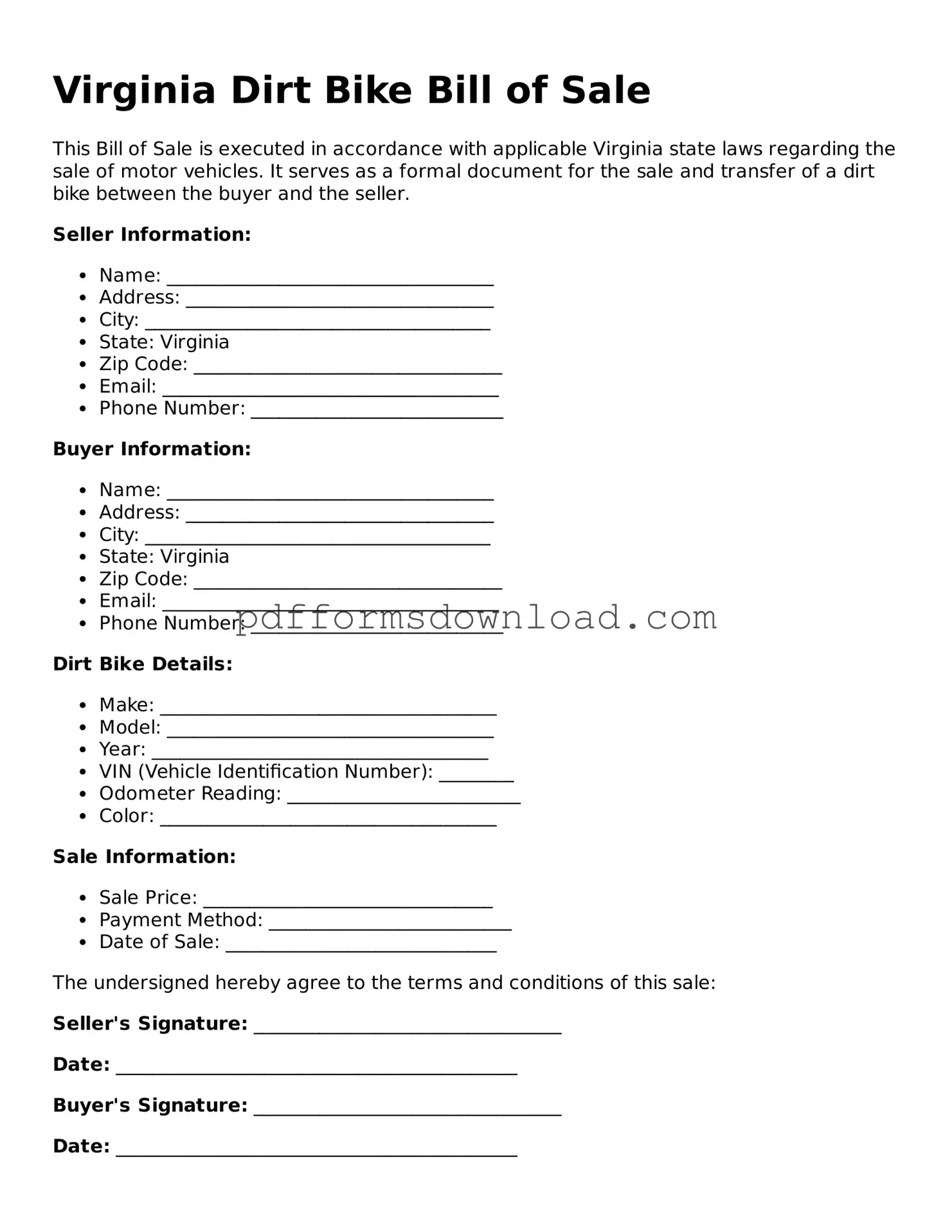 Printable Virginia Dirt Bike Bill of Sale Form