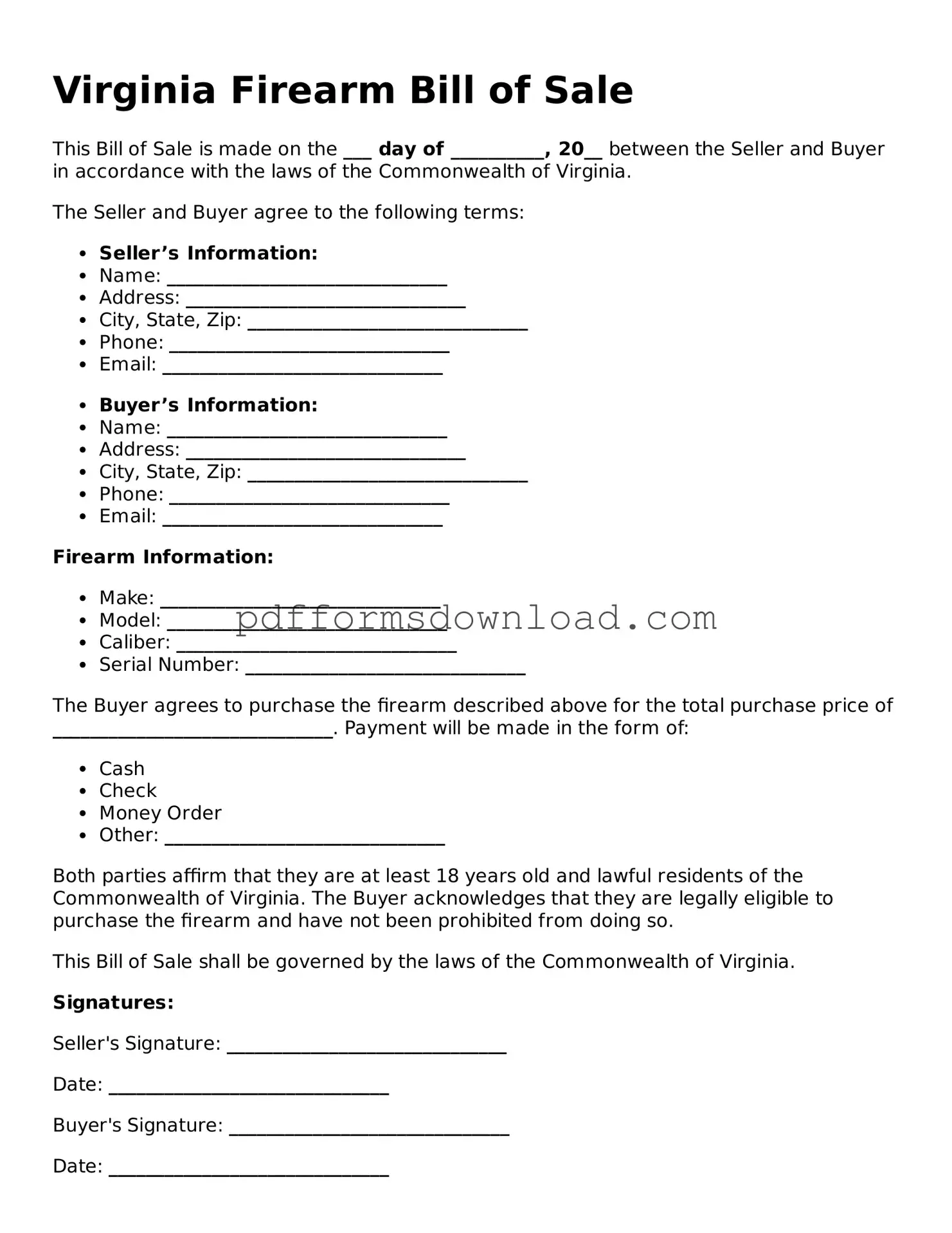Printable Virginia Firearm Bill of Sale Form