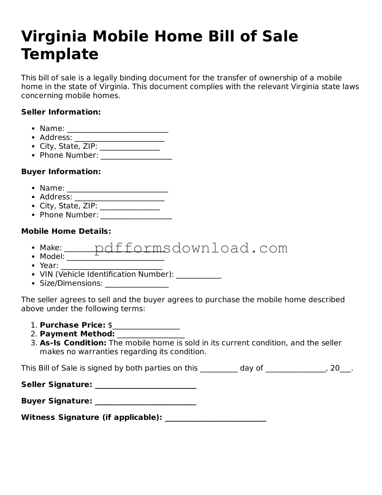 Printable Virginia Mobile Home Bill of Sale Form