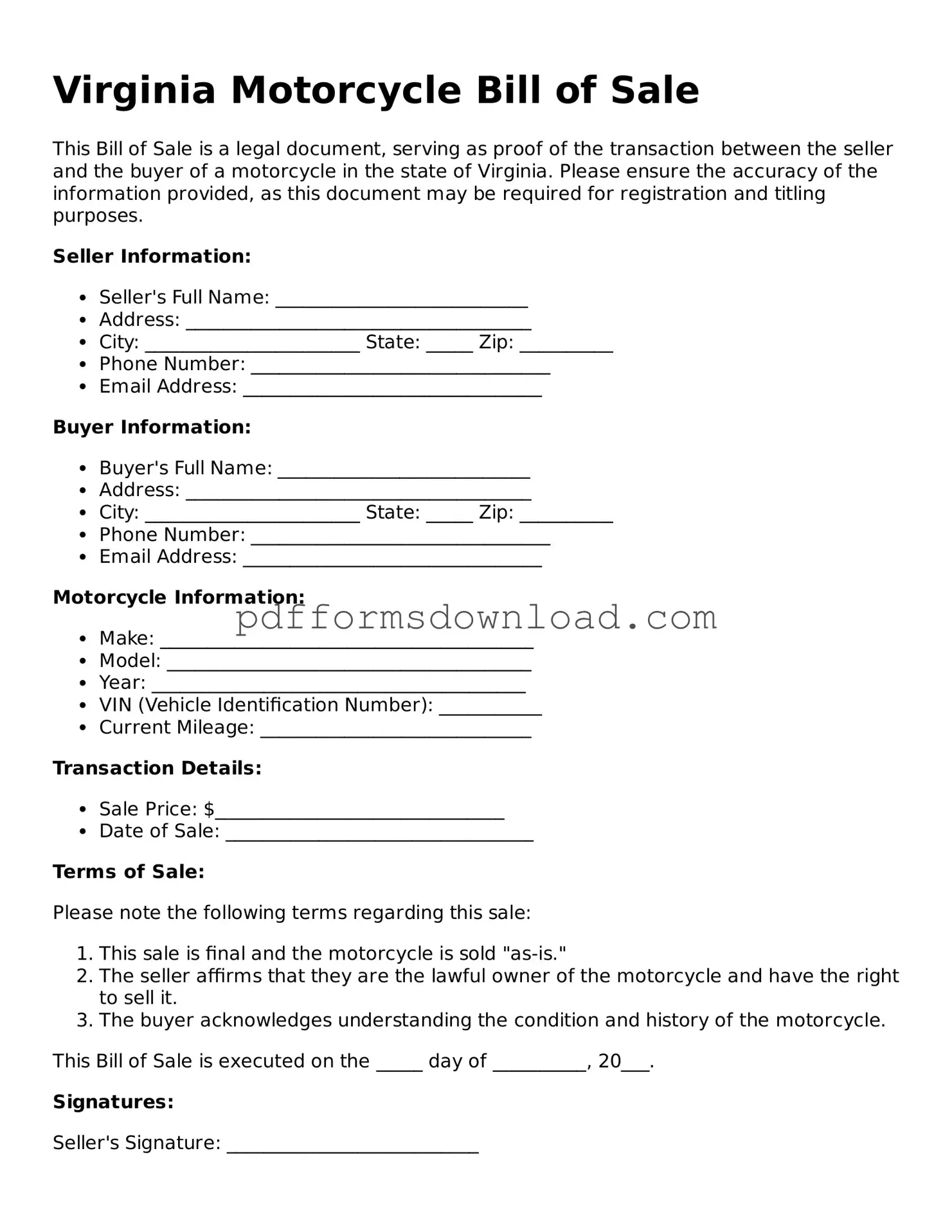 Printable Virginia Motorcycle Bill of Sale Form