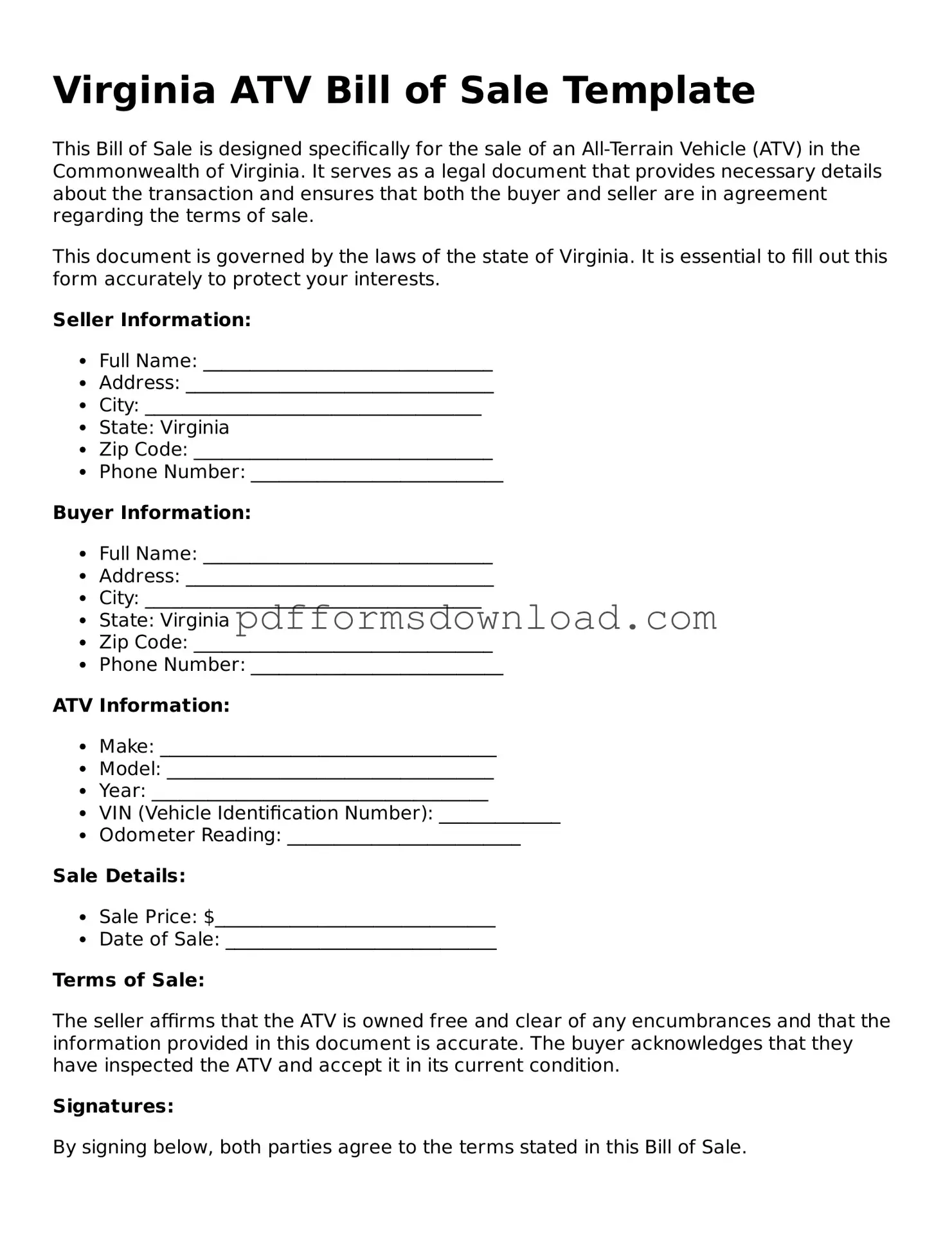 Printable Virginia ATV Bill of Sale Form