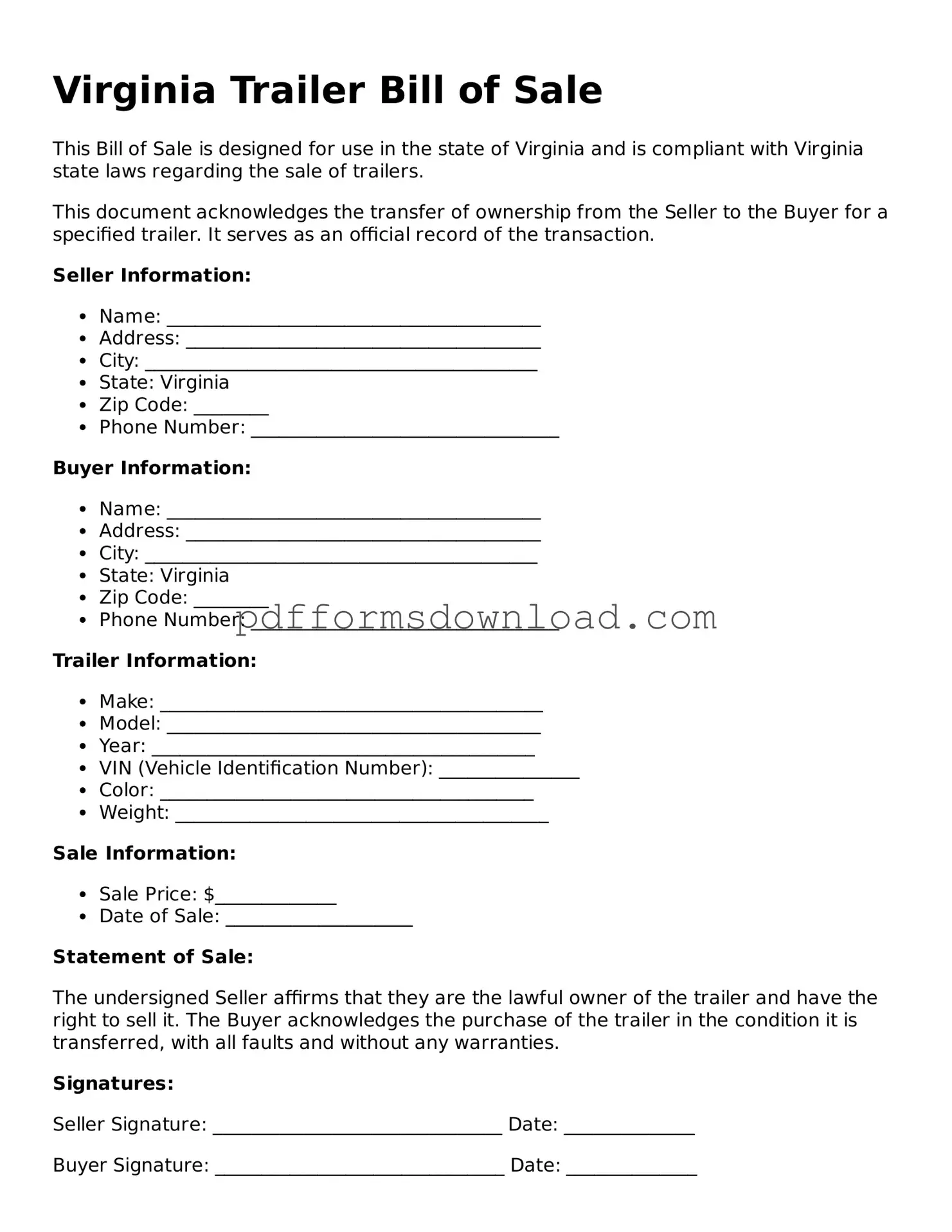 Printable Virginia Trailer Bill of Sale Form