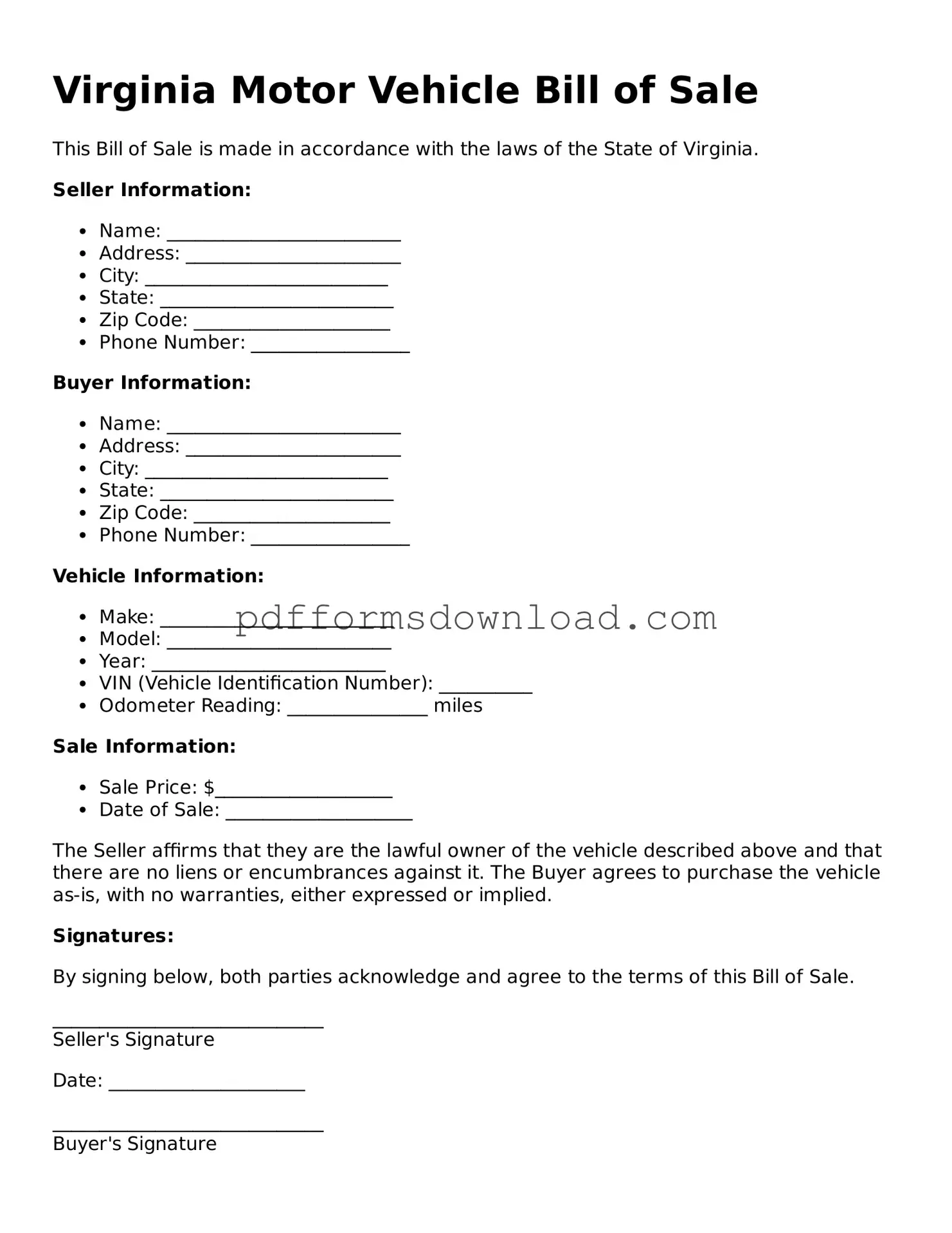 Printable Virginia Motor Vehicle Bill of Sale Form