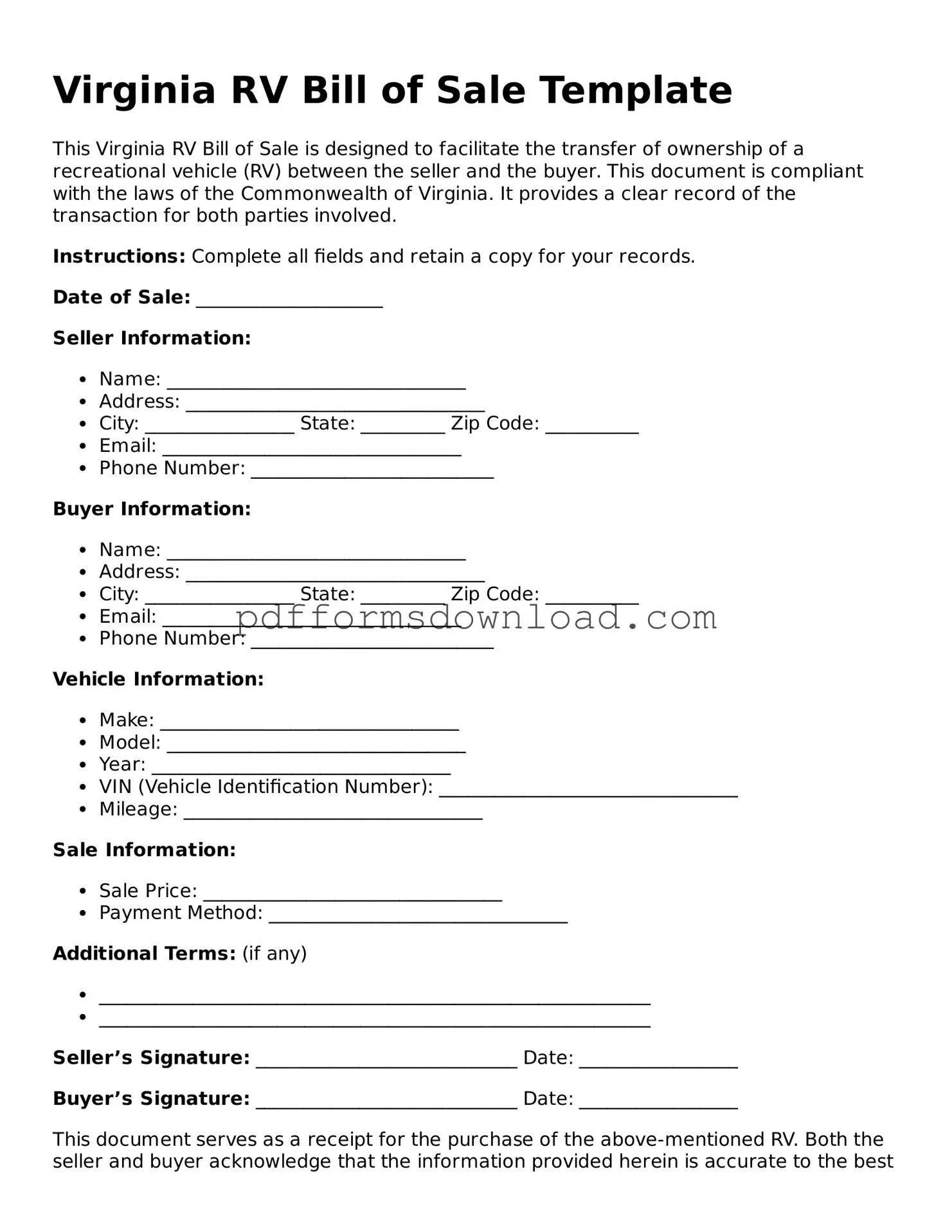 Printable Virginia RV Bill of Sale Form