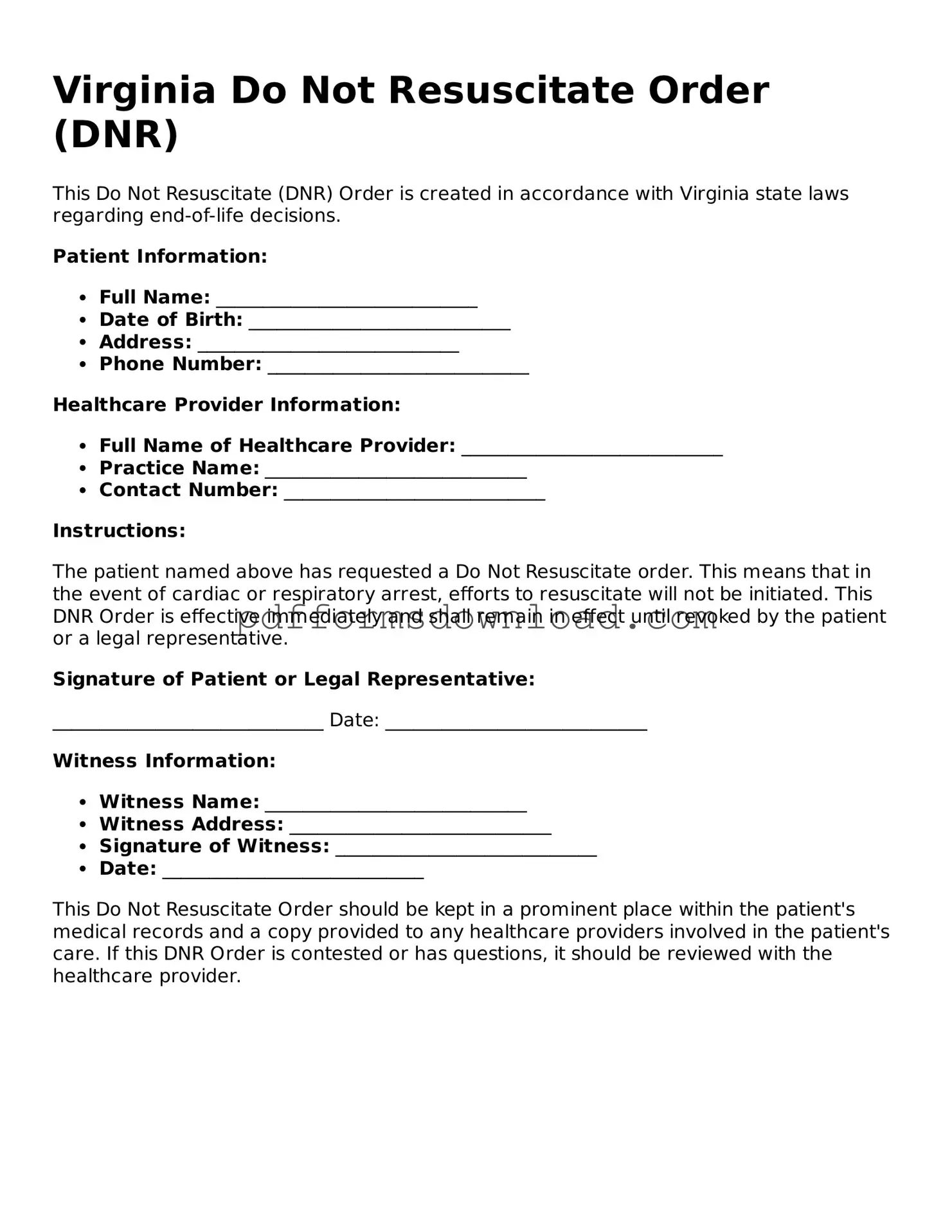 Printable Virginia Do Not Resuscitate Order Form