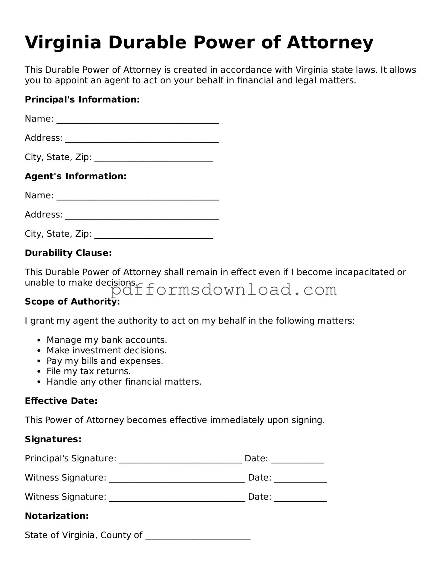 Printable Virginia Durable Power of Attorney Form