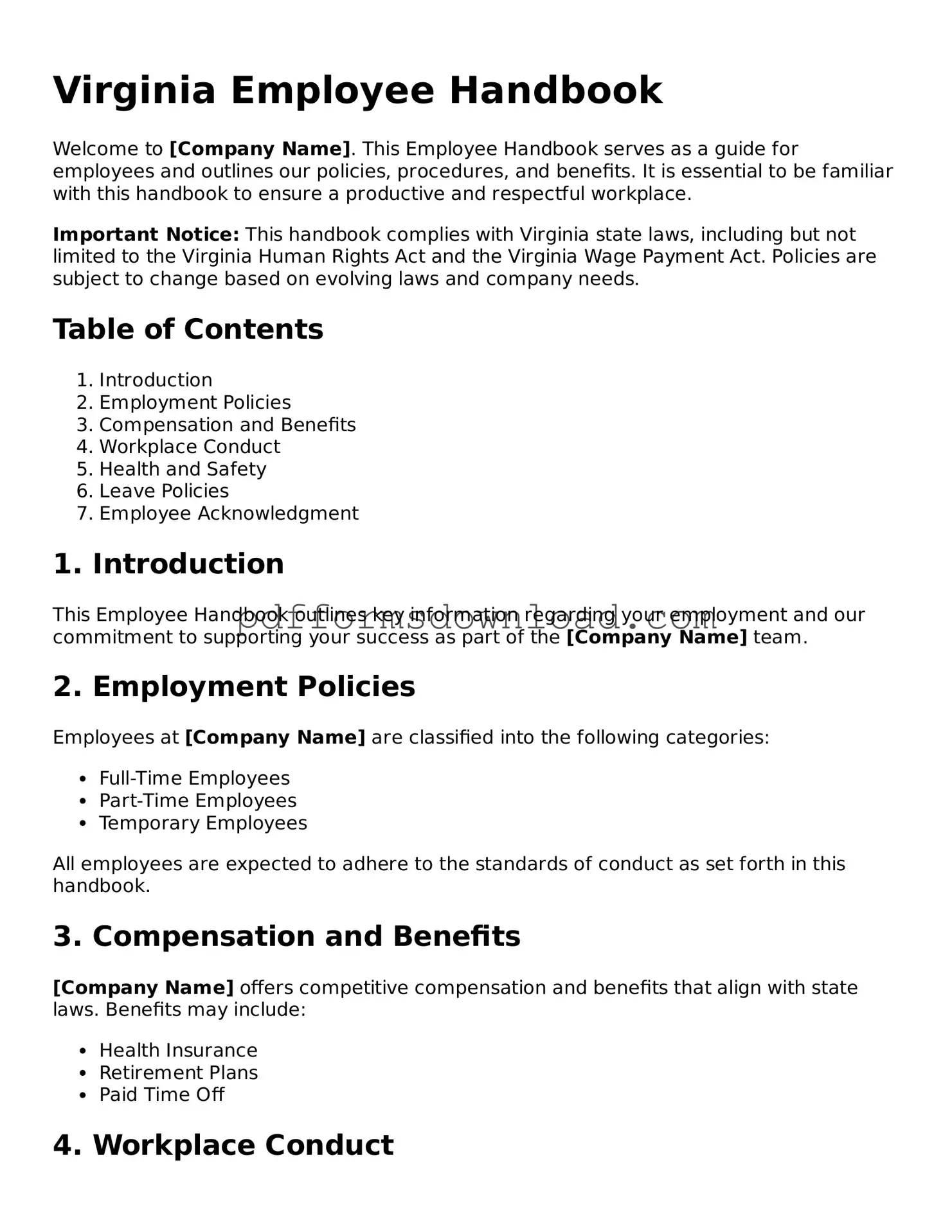 Printable Virginia Employee Handbook Form