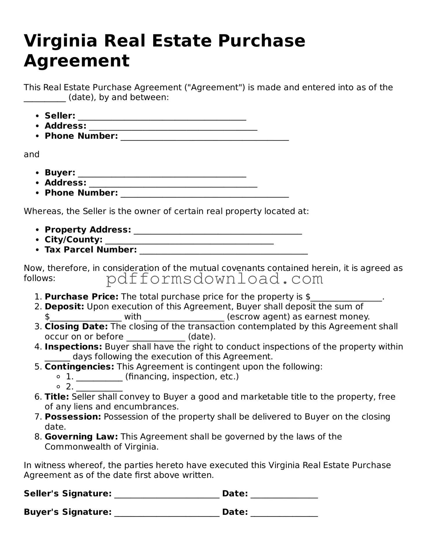 Printable Virginia Real Estate Purchase Agreement Form