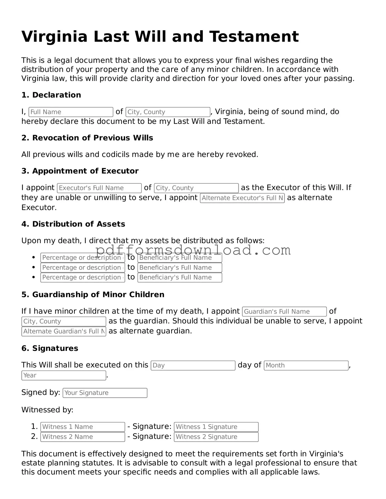 Printable Virginia Last Will and Testament Form