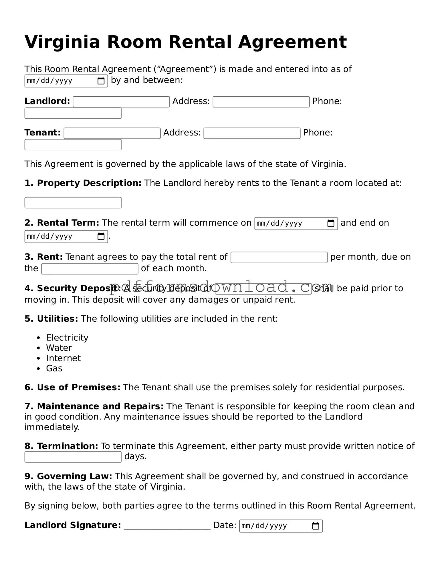 Printable Virginia Room Rental Agreement Form