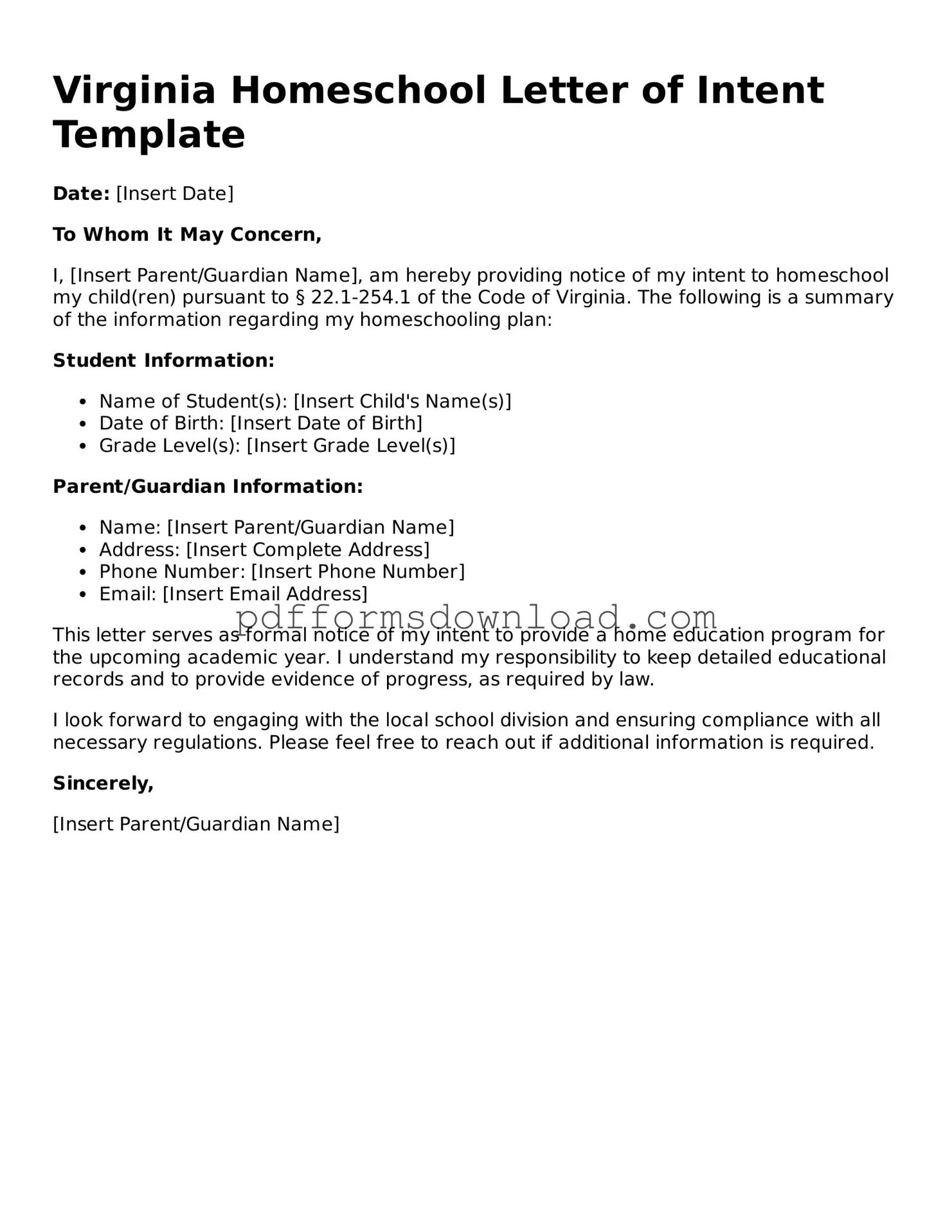 Printable Virginia Homeschool Letter of Intent Form