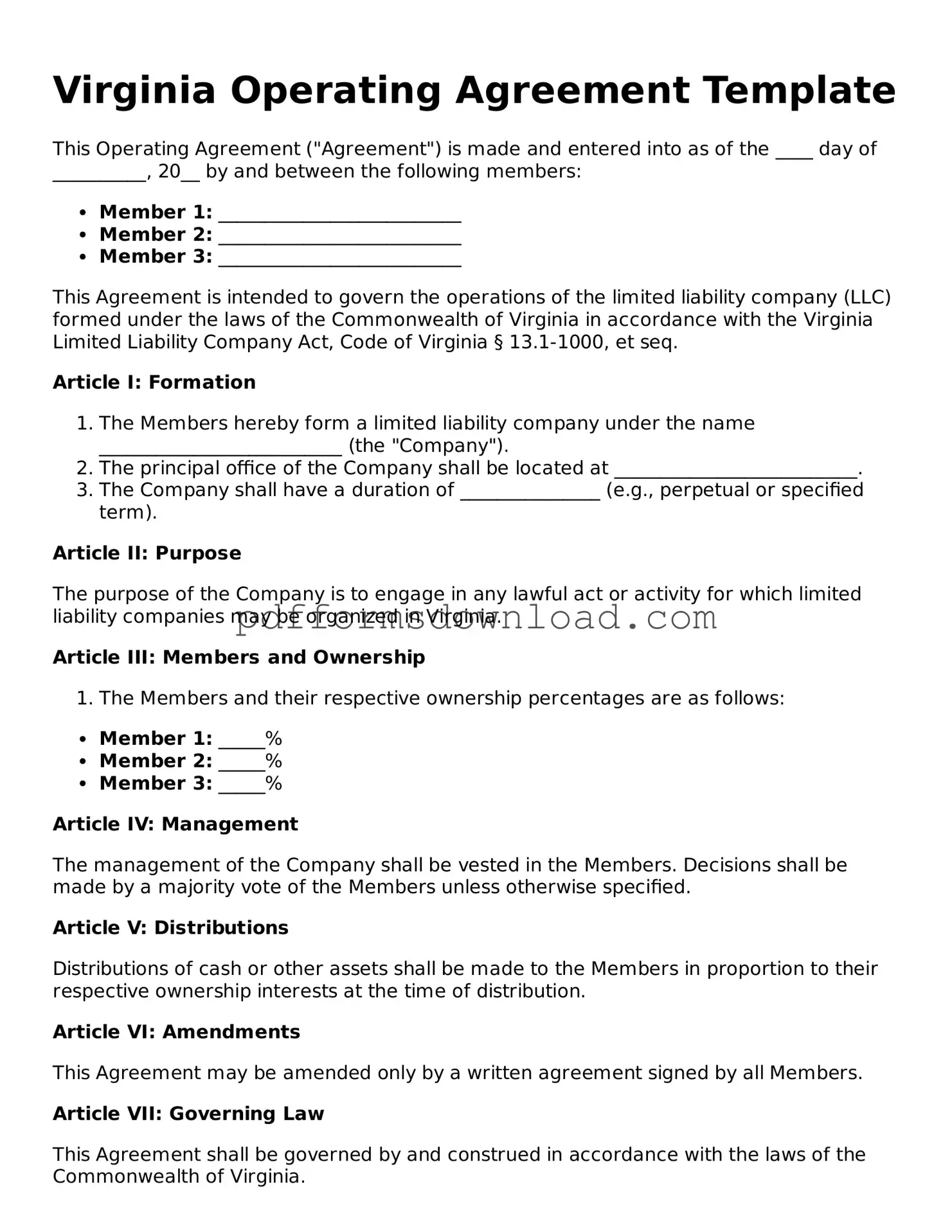 Printable Virginia Operating Agreement Form
