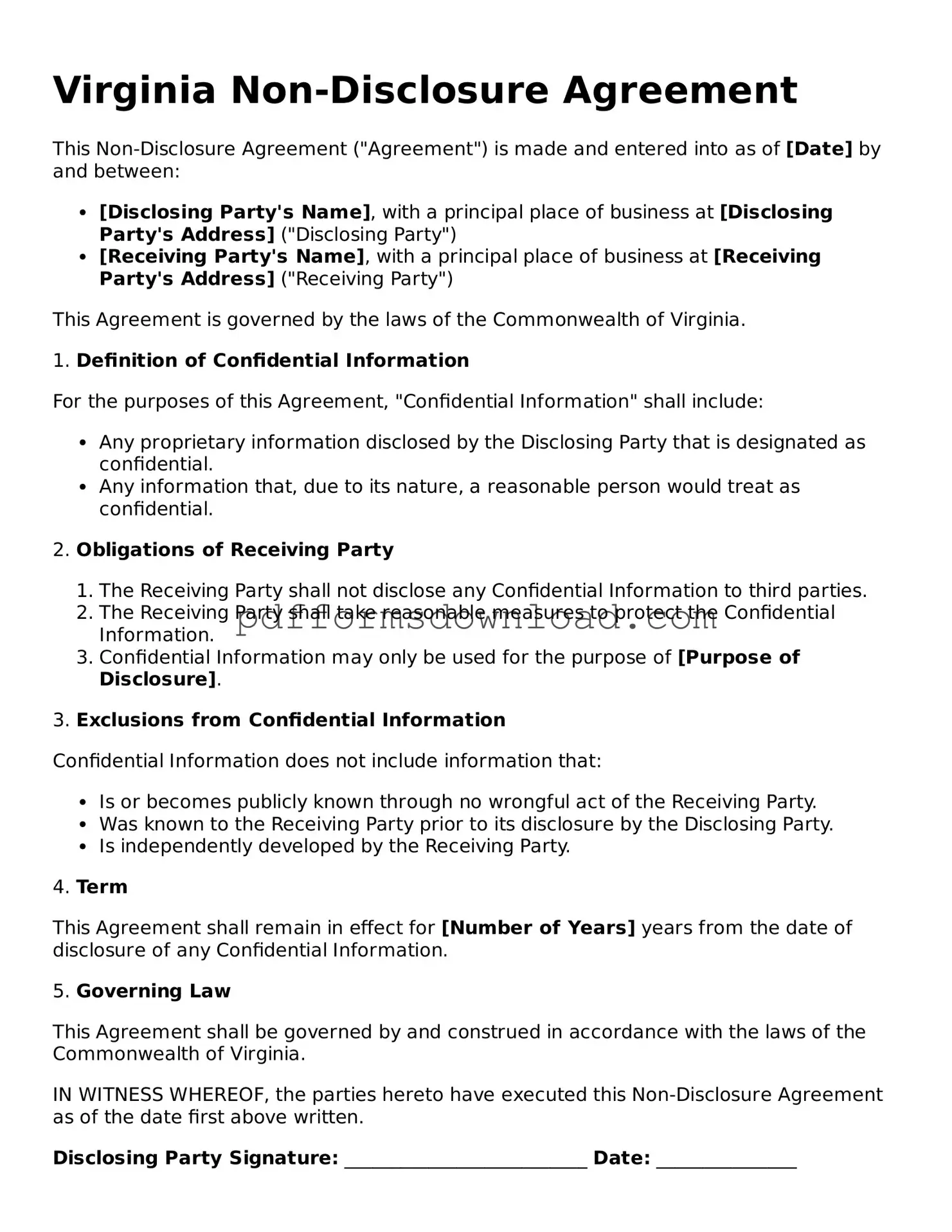 Printable Virginia Non-disclosure Agreement Form