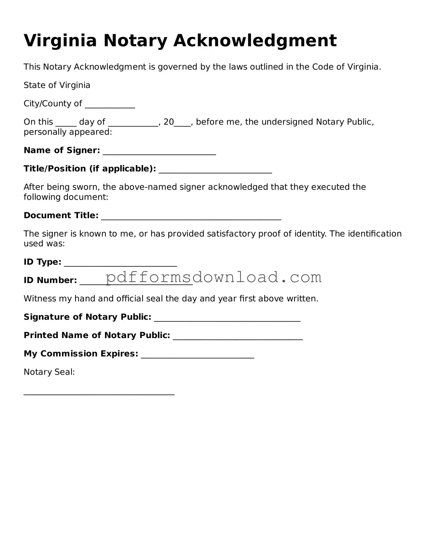 Printable Virginia Notary Acknowledgement Form