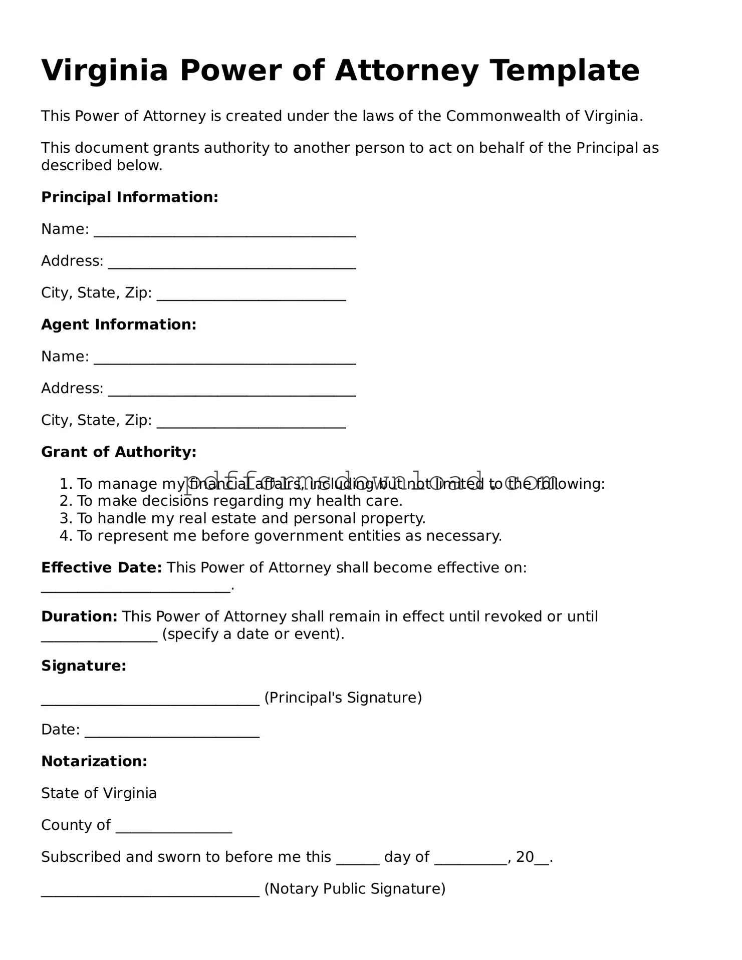 Printable Virginia Power of Attorney Form