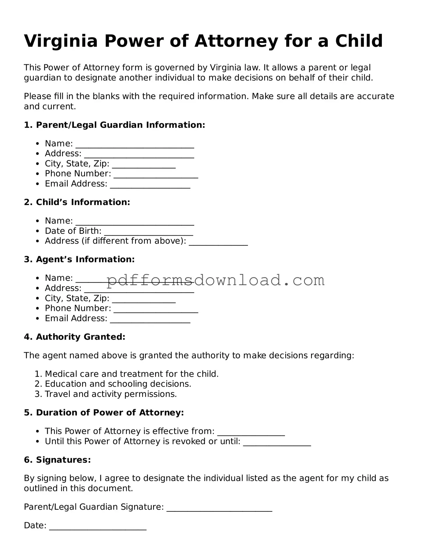 Printable Virginia Power of Attorney for a Child Form