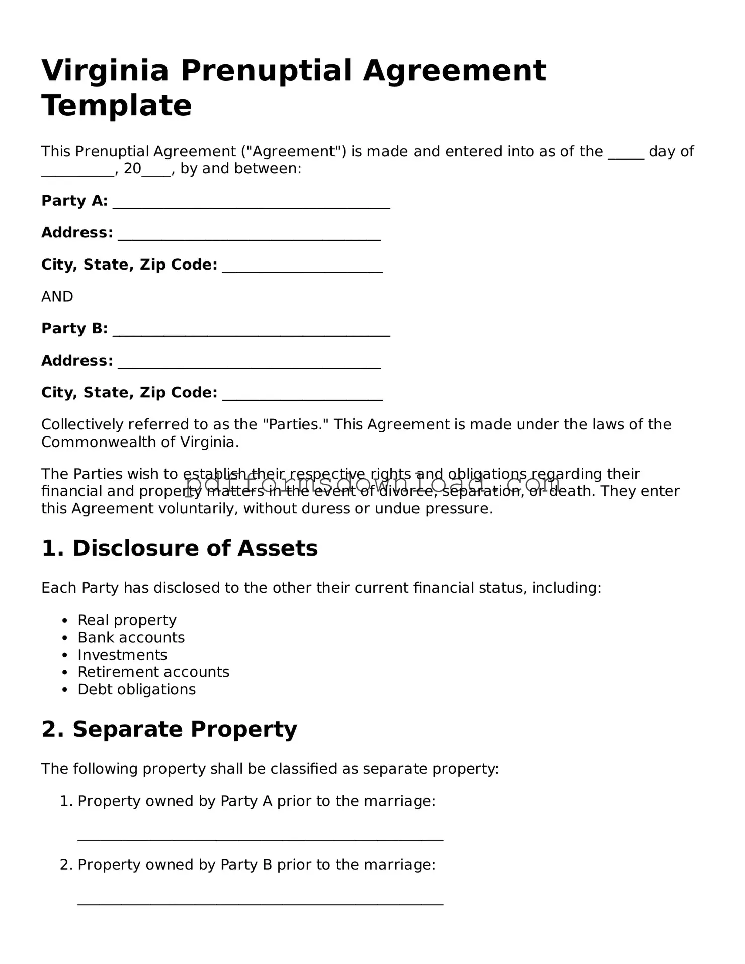 Printable Virginia Prenuptial Agreement Form