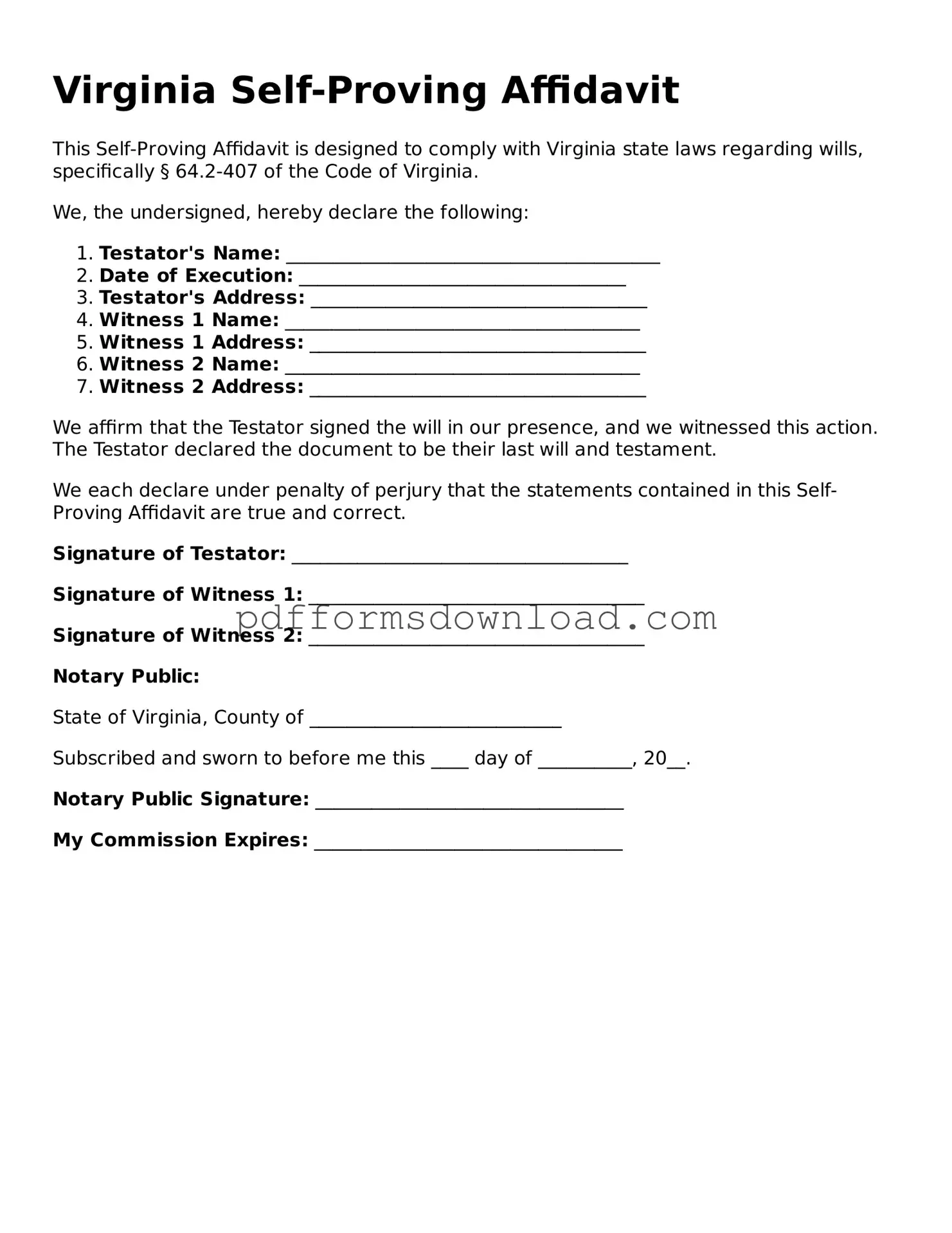 Printable Virginia Self-Proving Affidavit Form