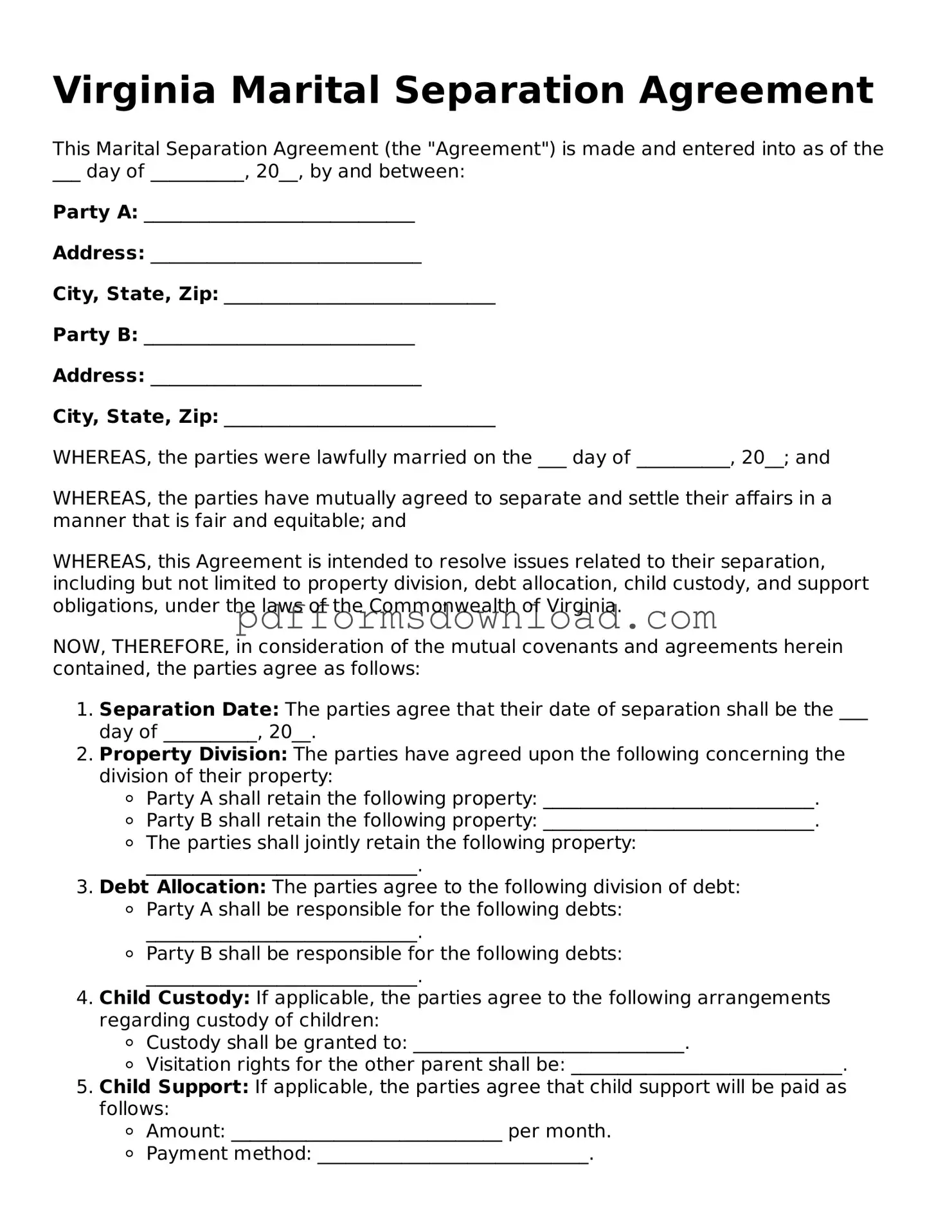 Printable Virginia Marital Separation Agreement Form