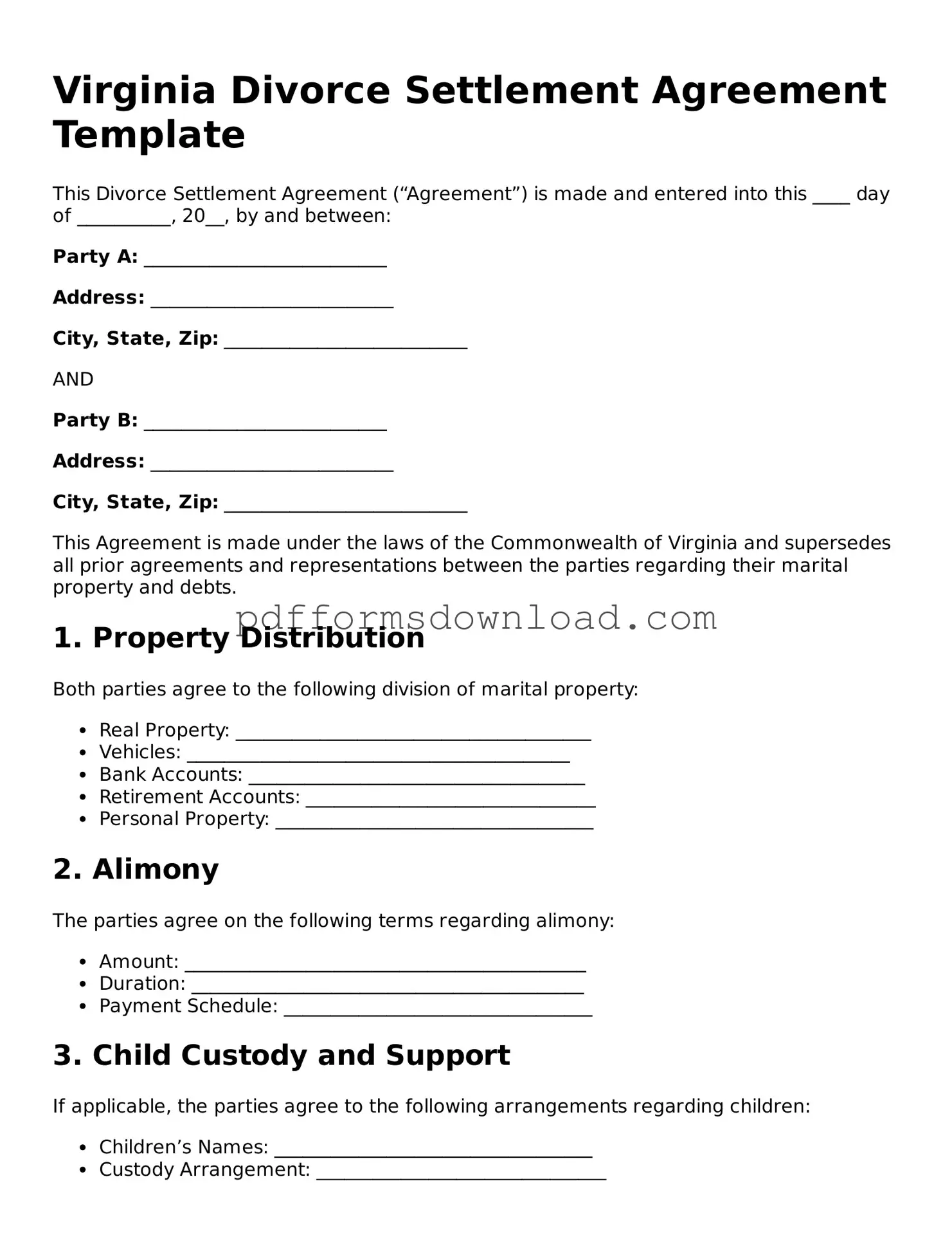 Printable Virginia Divorce Settlement Agreement Form