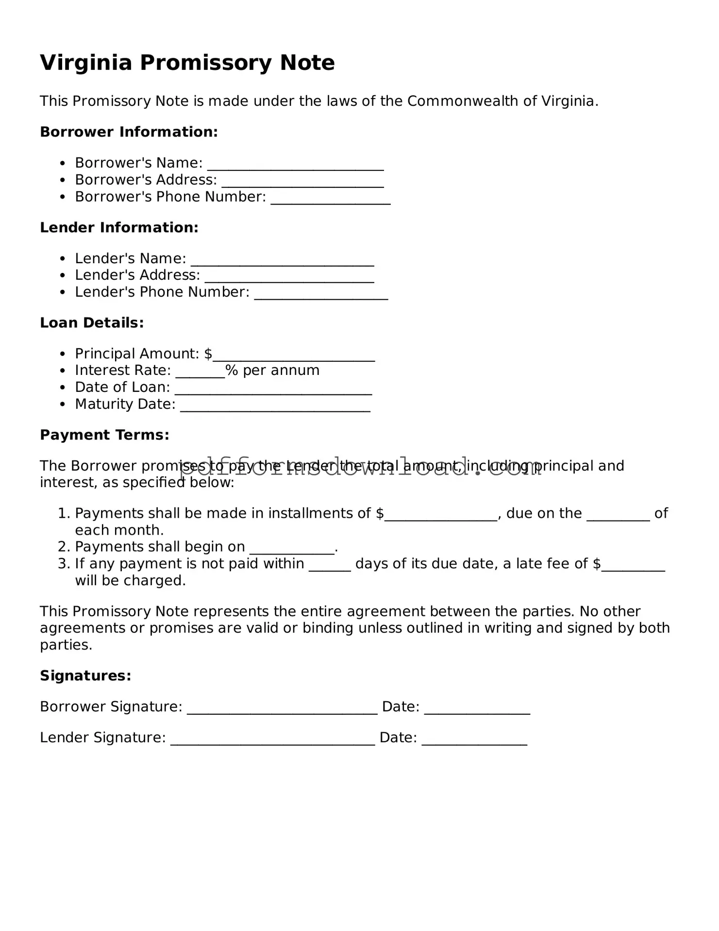 Printable Virginia Promissory Note Form