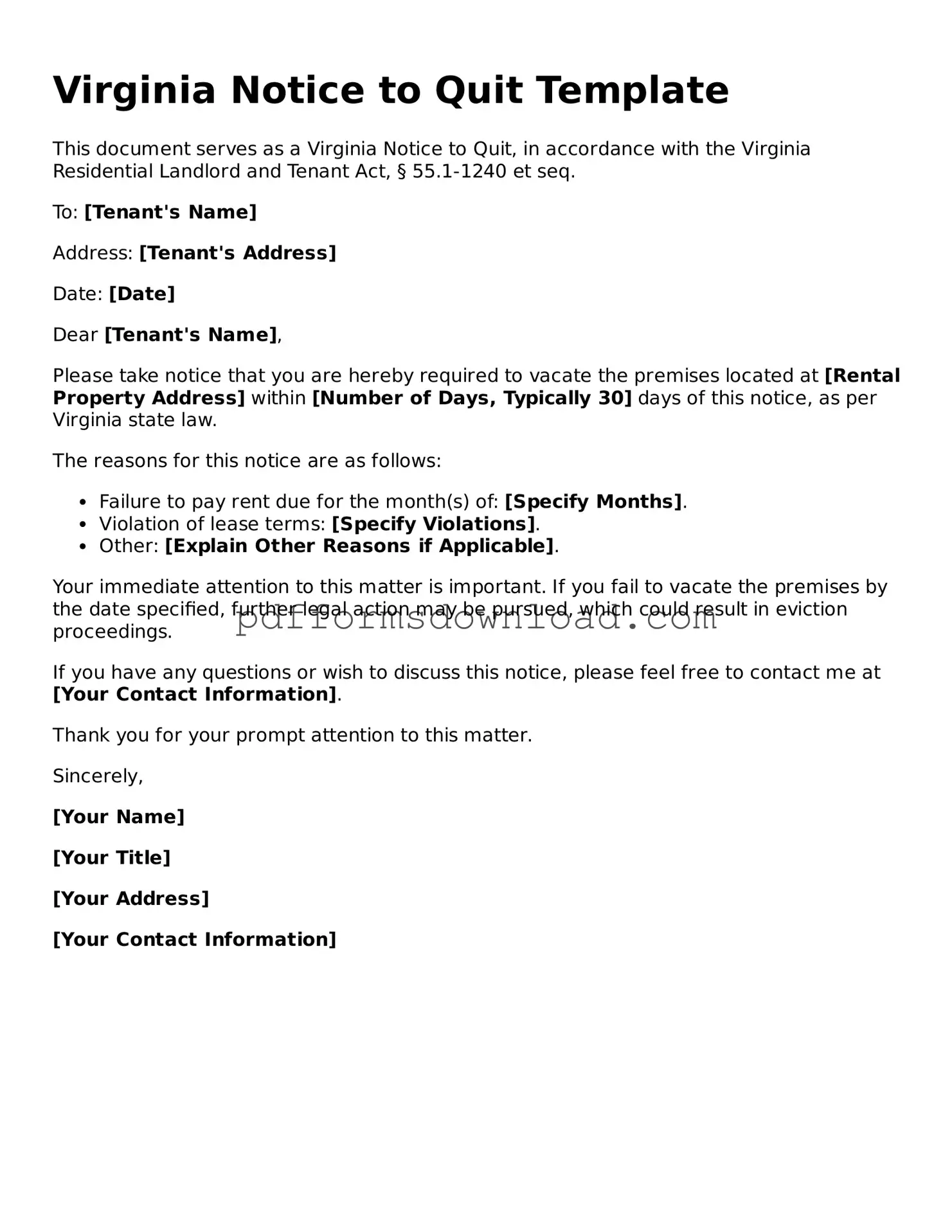 Printable Virginia Notice to Quit Form