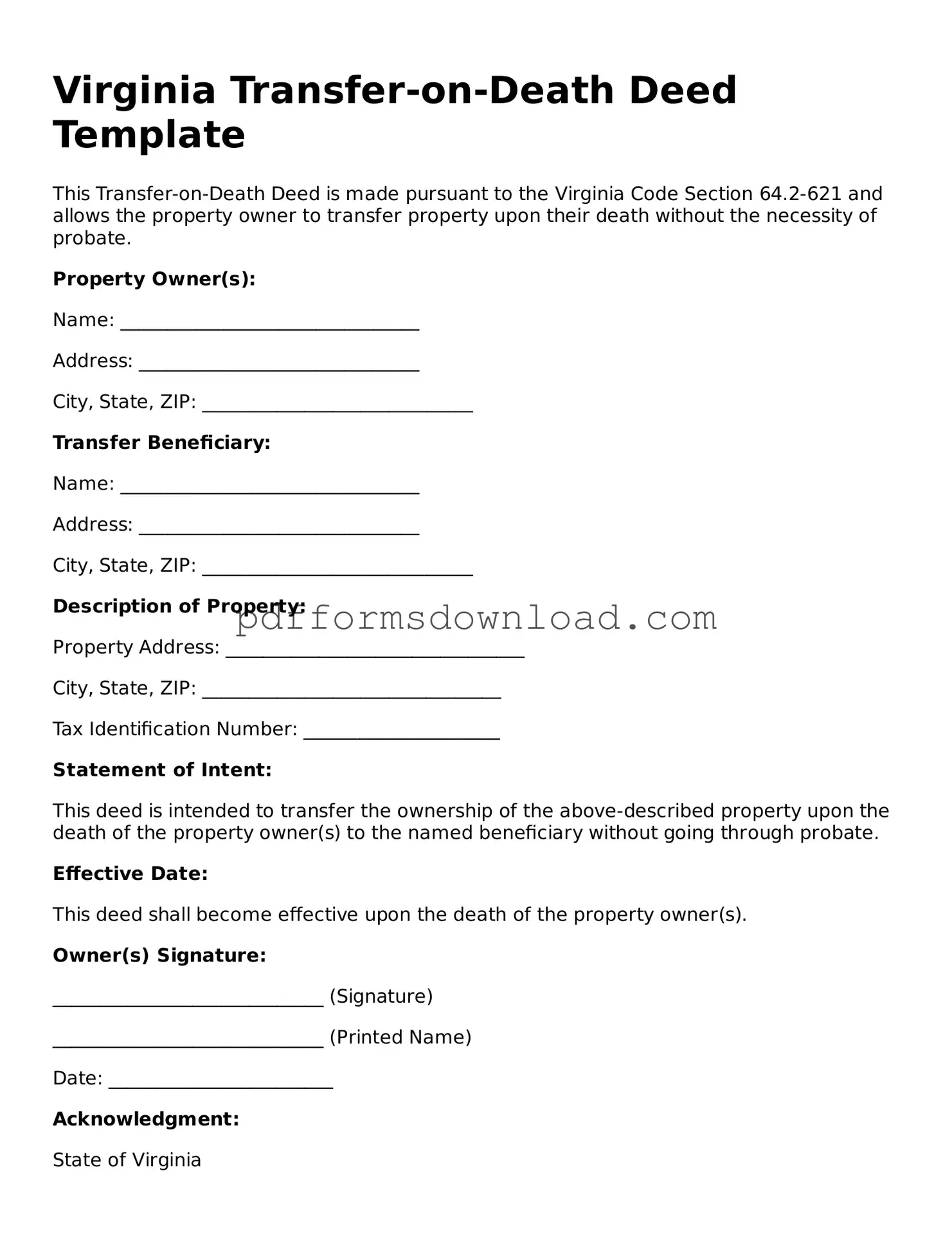 Printable Virginia Transfer-on-Death Deed Form