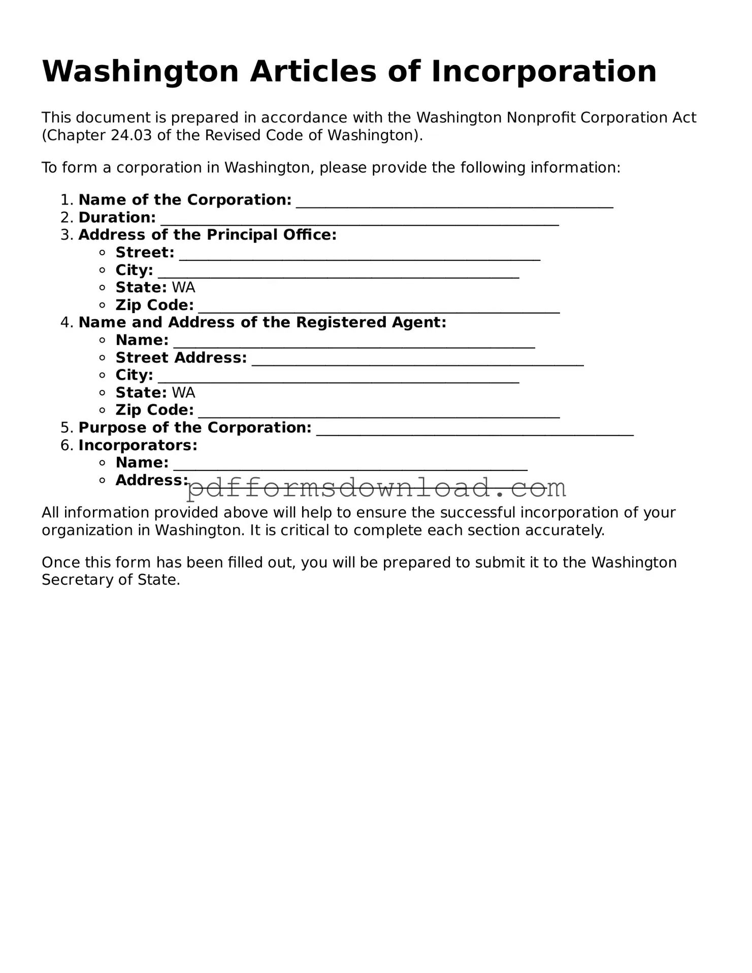 Printable Washington Articles of Incorporation Form