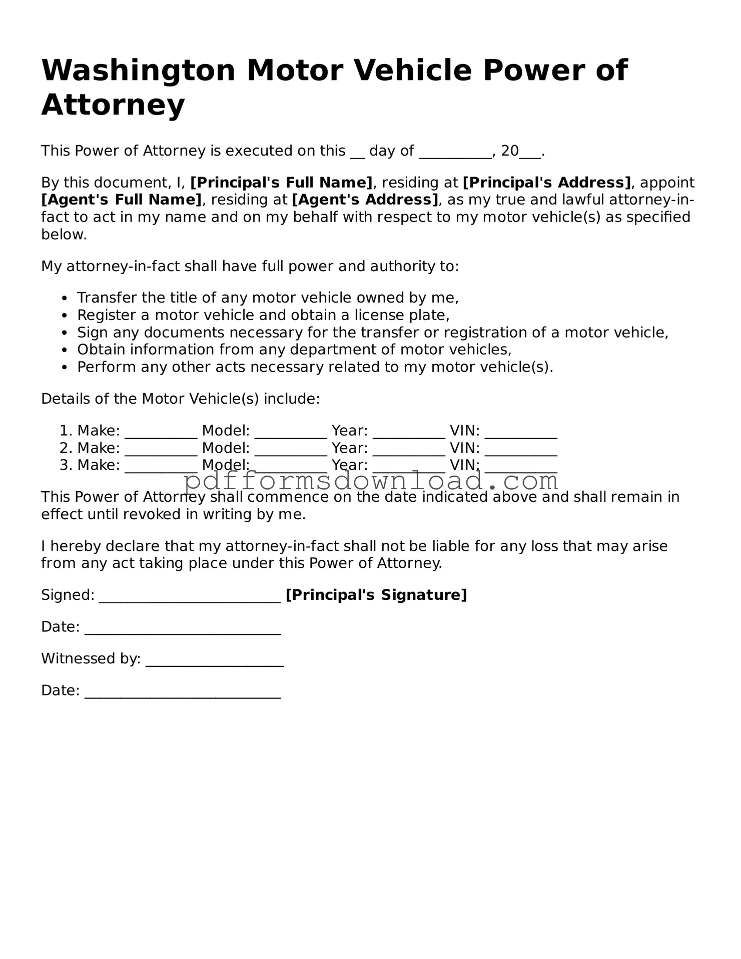 Printable Washington Motor Vehicle Power of Attorney Form
