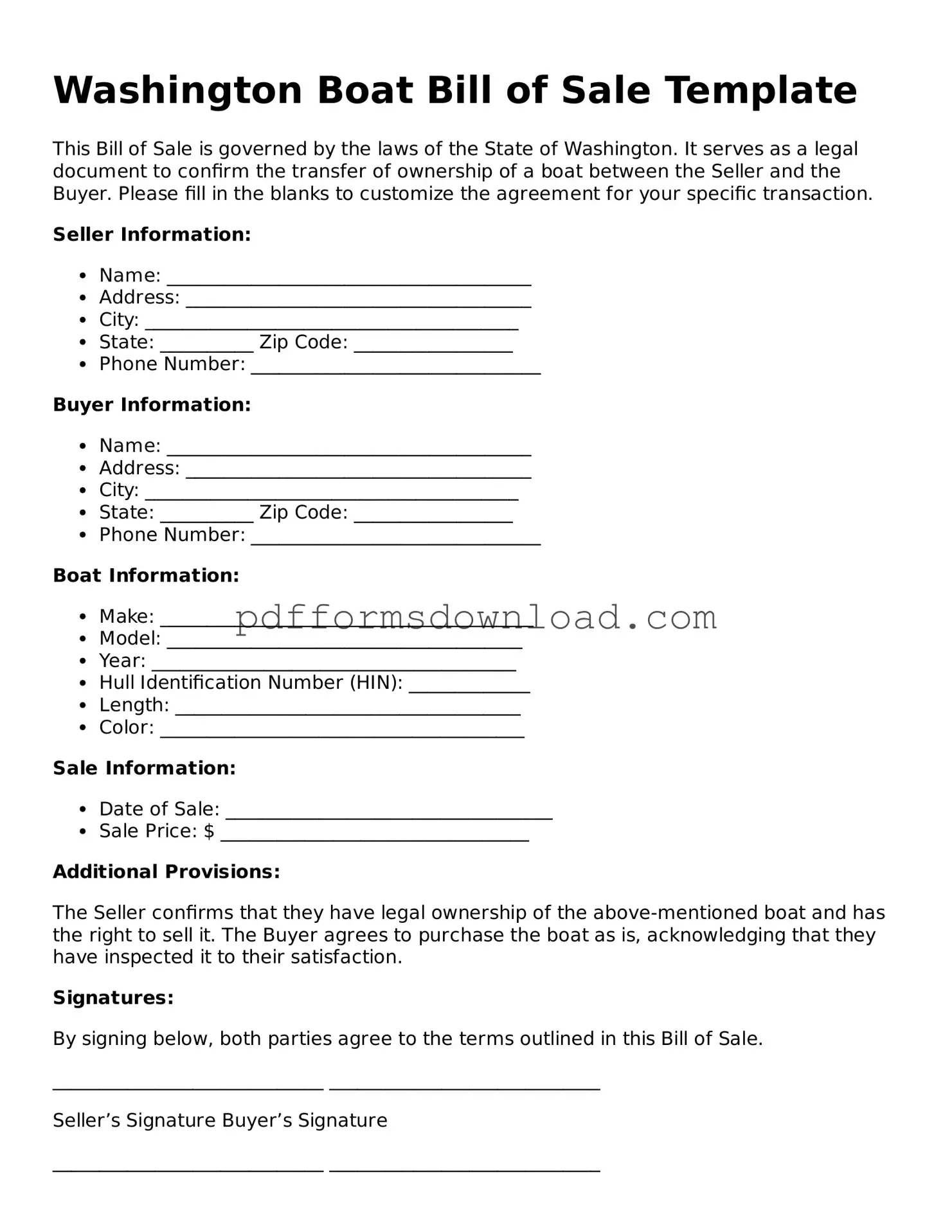 Printable Washington Boat Bill of Sale Form