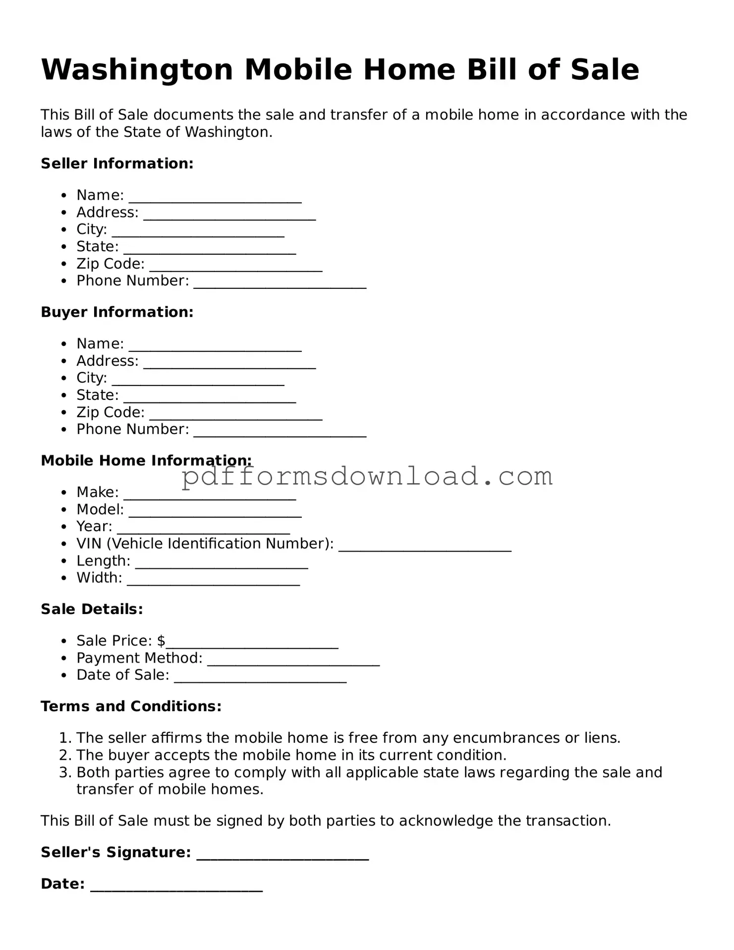 Printable Washington Mobile Home Bill of Sale Form