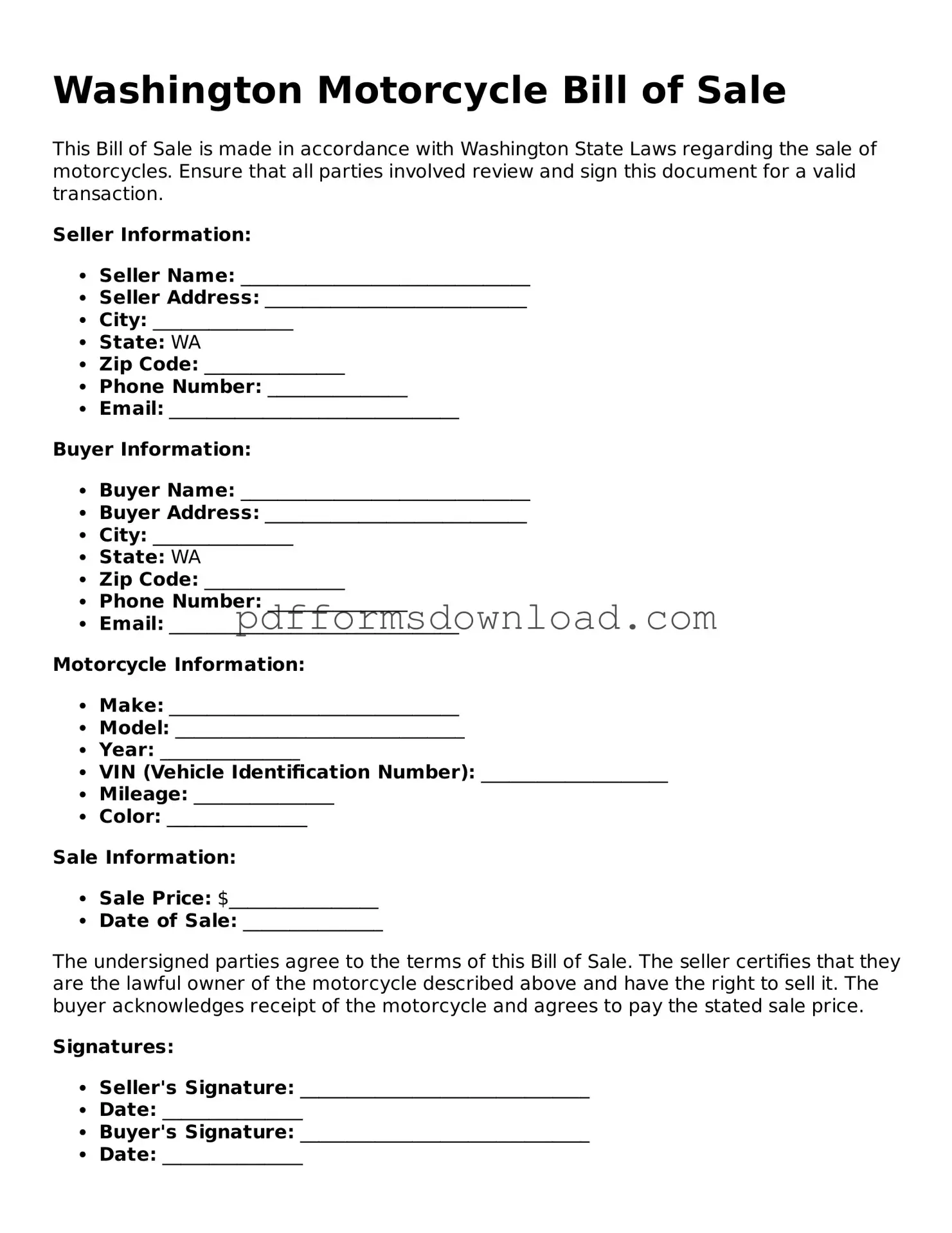 Printable Washington Motorcycle Bill of Sale Form